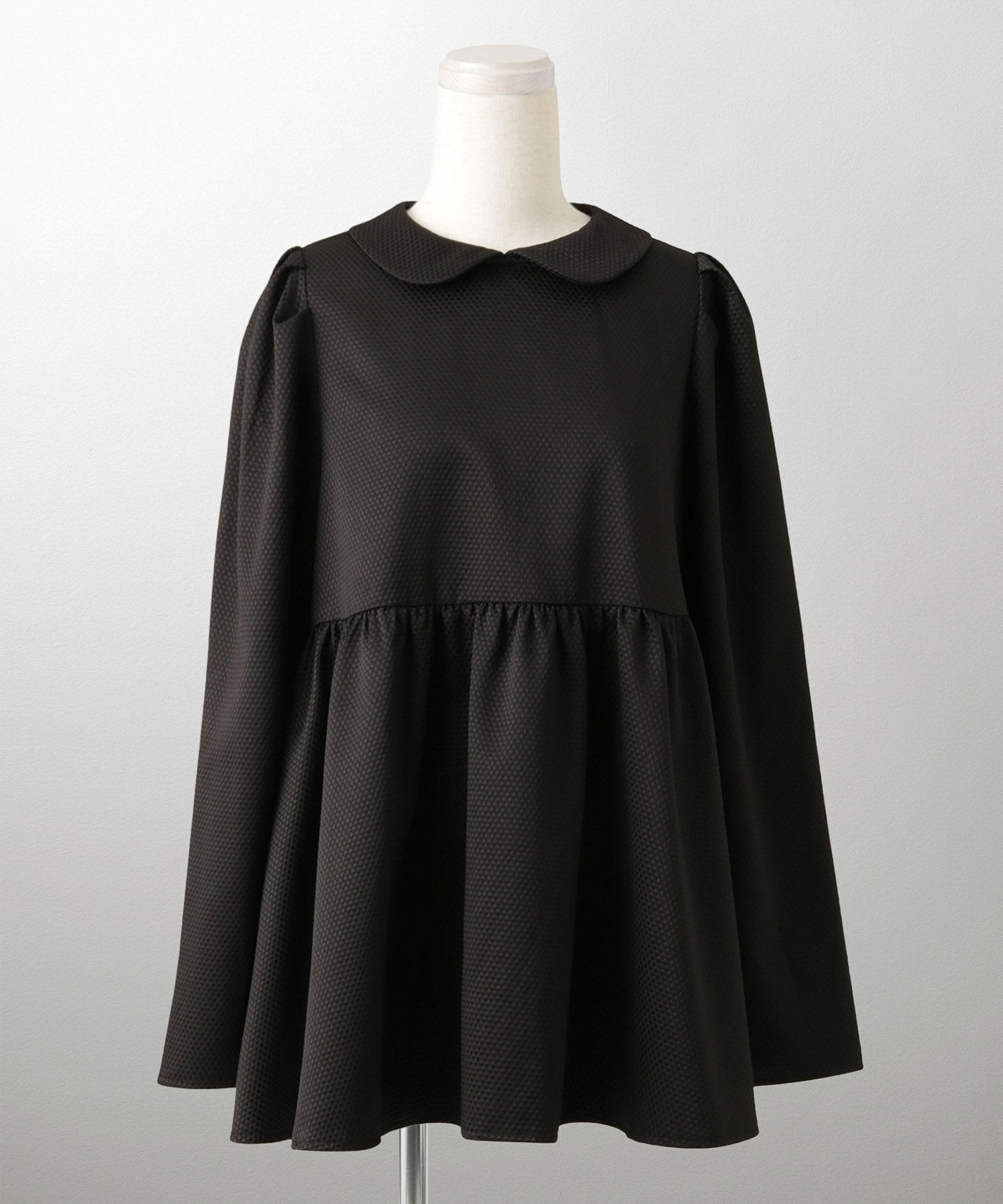 襟付き ジャガード ペプラム ブラウス フェミニン 微光沢 ペプラム 丸襟 長袖 きれいめ 上品 オフィス  オケージョン ホワイト/ネイビー/ブラック/M/長袖