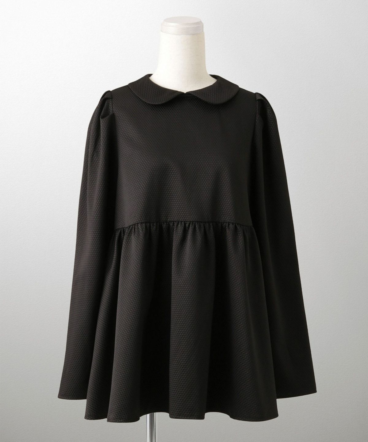 襟付き ジャガード ペプラム ブラウス フェミニン 微光沢 ペプラム 丸襟 長袖 きれいめ 上品 オフィス  オケージョン ホワイト/ネイビー/ブラック/M/長袖