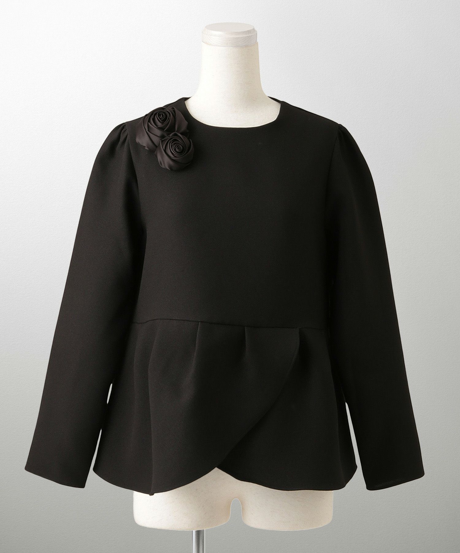 バラモチーフ クロス トップス ラウス  サテン 薔薇 ペプラム 長袖 セレモニー オケージョン 上品 オフィス ホワイト/ブラック/M/長袖