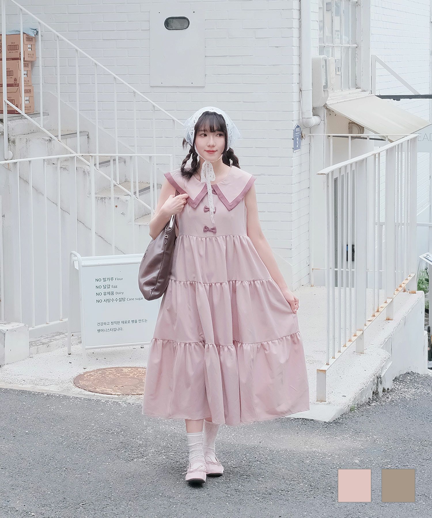 配色 ビッグカラー ノースリーブ ワンピ miolite ピンク/モカ 