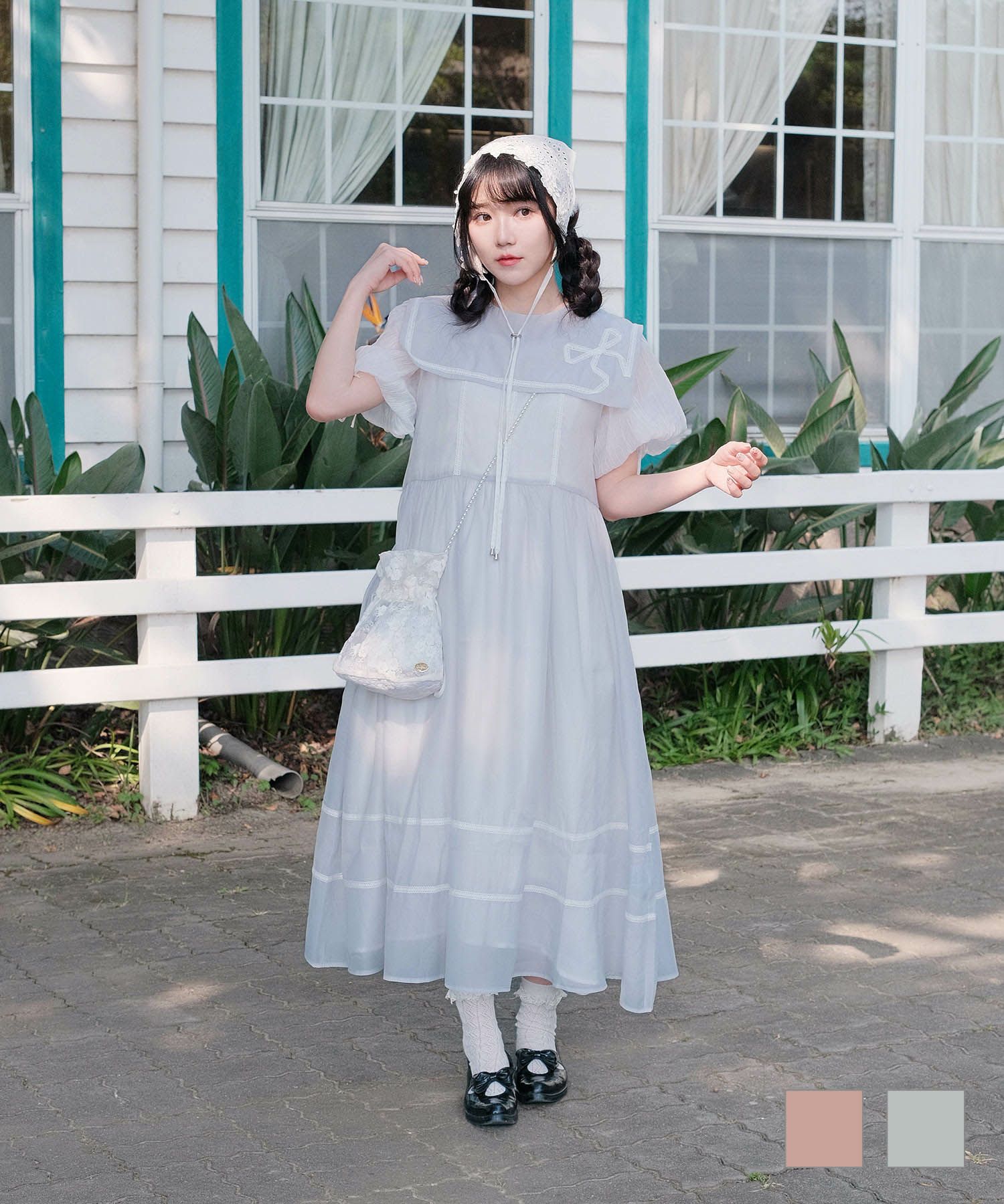  セーラーカラー レース ワンピース miolite ピンクベージュ/ブルーグレー