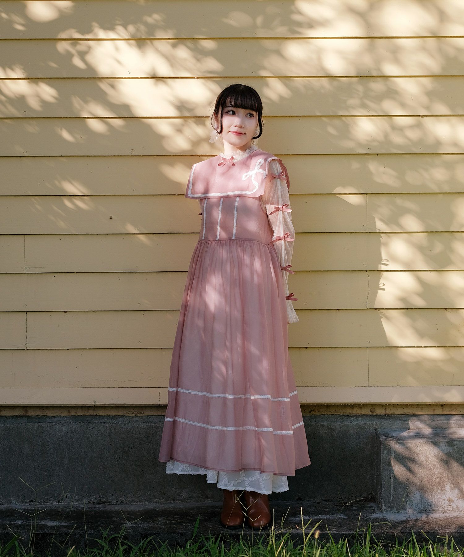  セーラーカラー レース ワンピース miolite ピンクベージュ/ブルーグレー