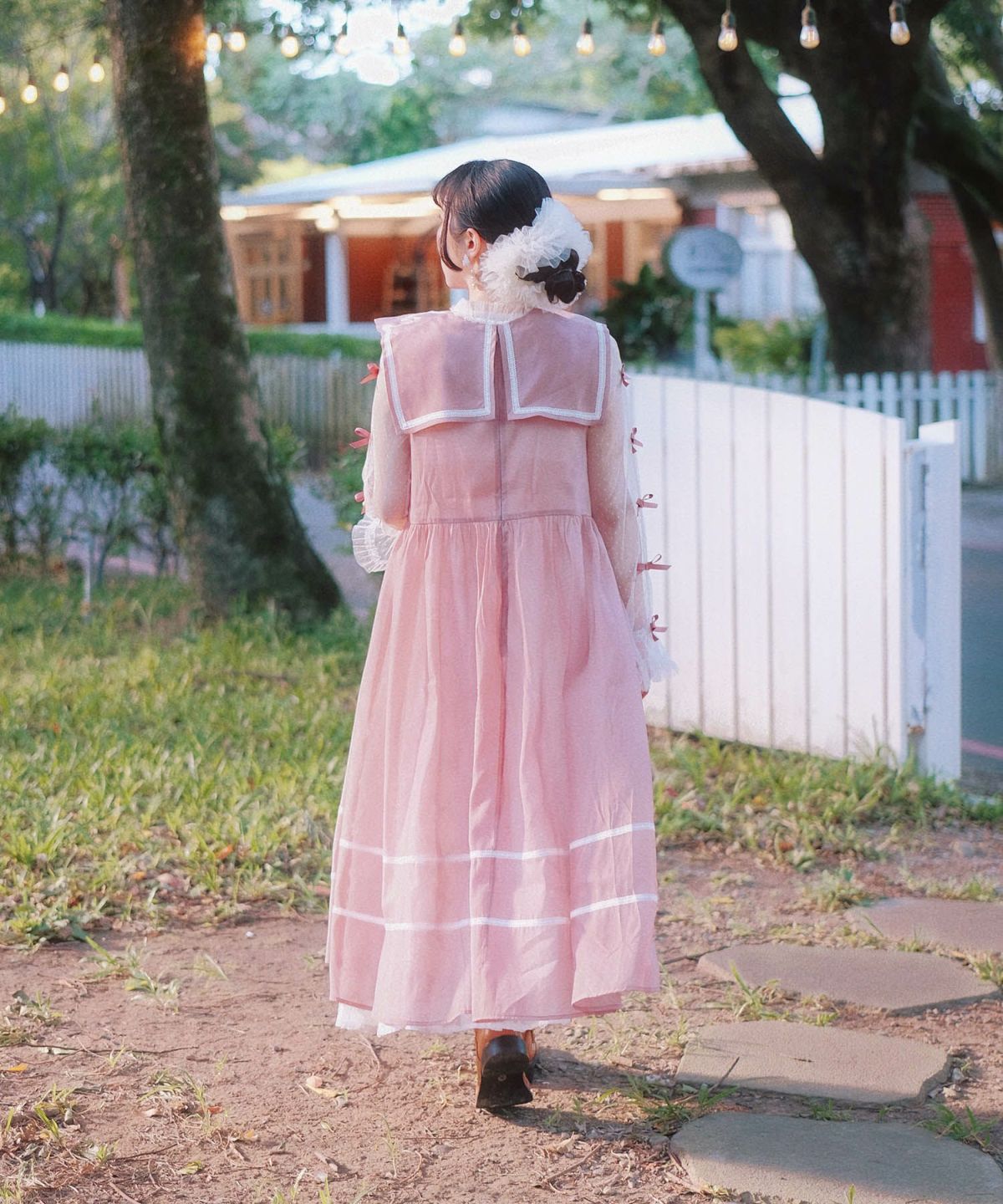  セーラーカラー レース ワンピース miolite ピンクベージュ/ブルーグレー