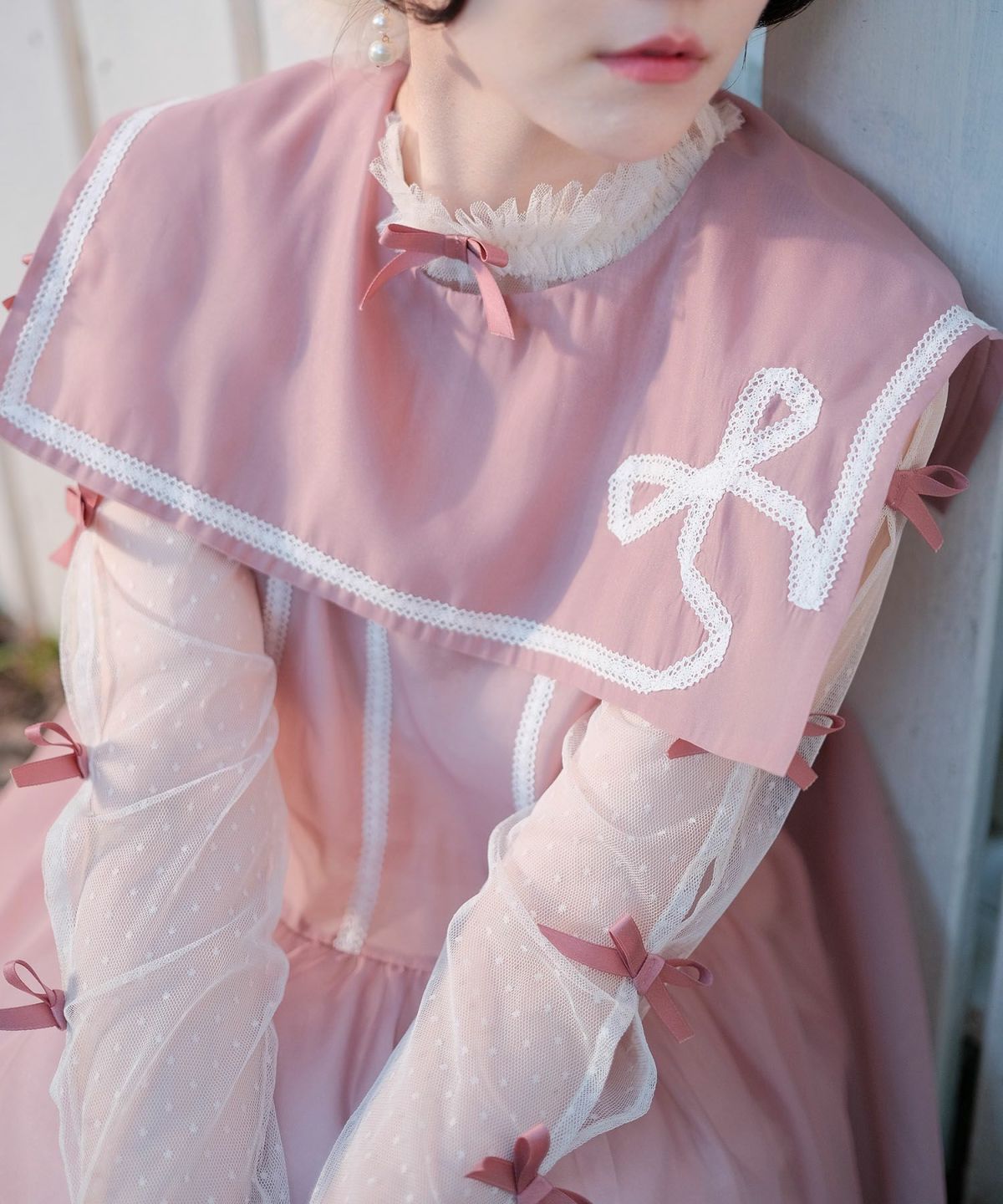  セーラーカラー レース ワンピース miolite ピンクベージュ/ブルーグレー