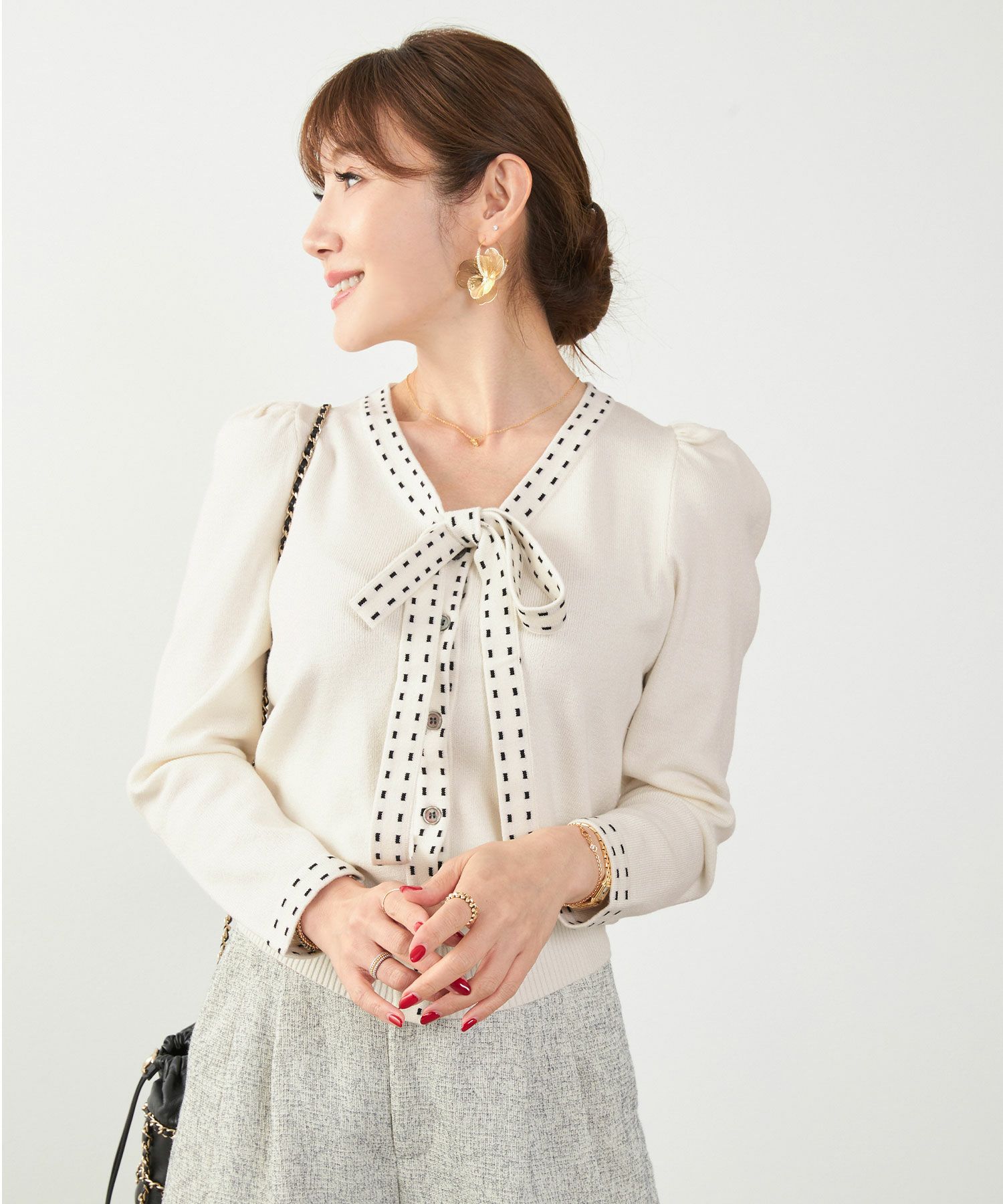 手洗い可 レディース 長袖 秋冬春 長袖 可愛い 上品 きれいめ オフィス ボウタイ フェミニン ジョイントスペース