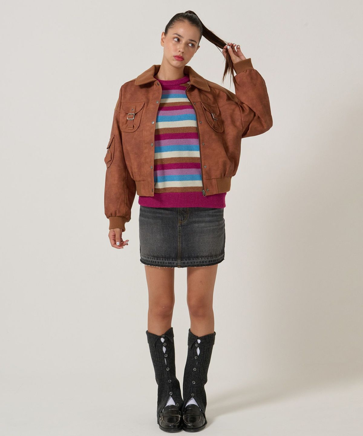 リブ ドッキング フェイクレザーブルゾン TINA：JOJUNブラウン新品未使用 リブ ドッキング フェイクレザーブルゾン | eri | TINA：JOJUN