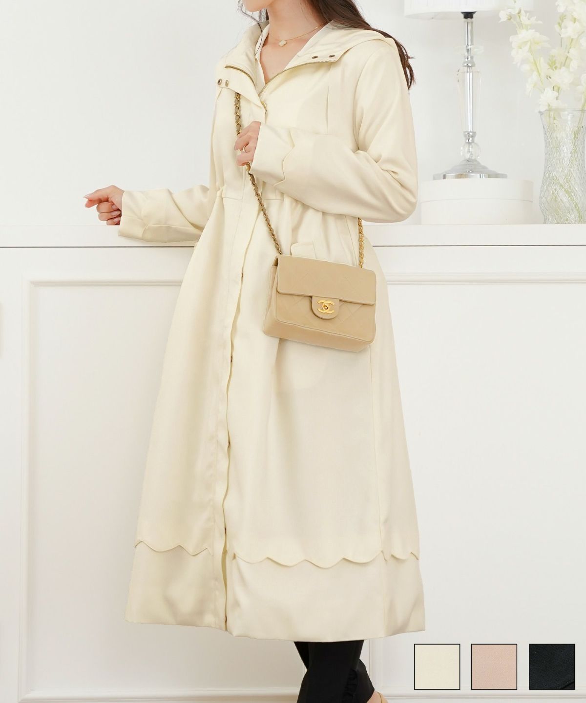 マウンテンパーカー スカラップ デザイン アウター 大人フェミニン 春 秋 きれいめ カジュアル フード付き  通勤  アウター 通学 デイリー オフィスカジュアル レディース ロング丈 アイボリー ピンクベージュ ネイビー