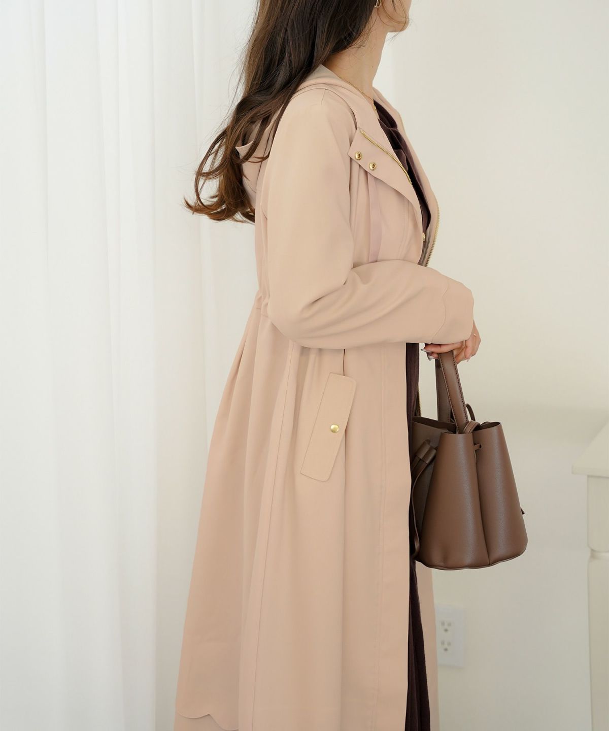 マウンテンパーカー スカラップ デザイン アウター 大人フェミニン 春 秋 きれいめ カジュアル フード付き  通勤  アウター 通学 デイリー オフィスカジュアル レディース ロング丈 アイボリー ピンクベージュ ネイビー