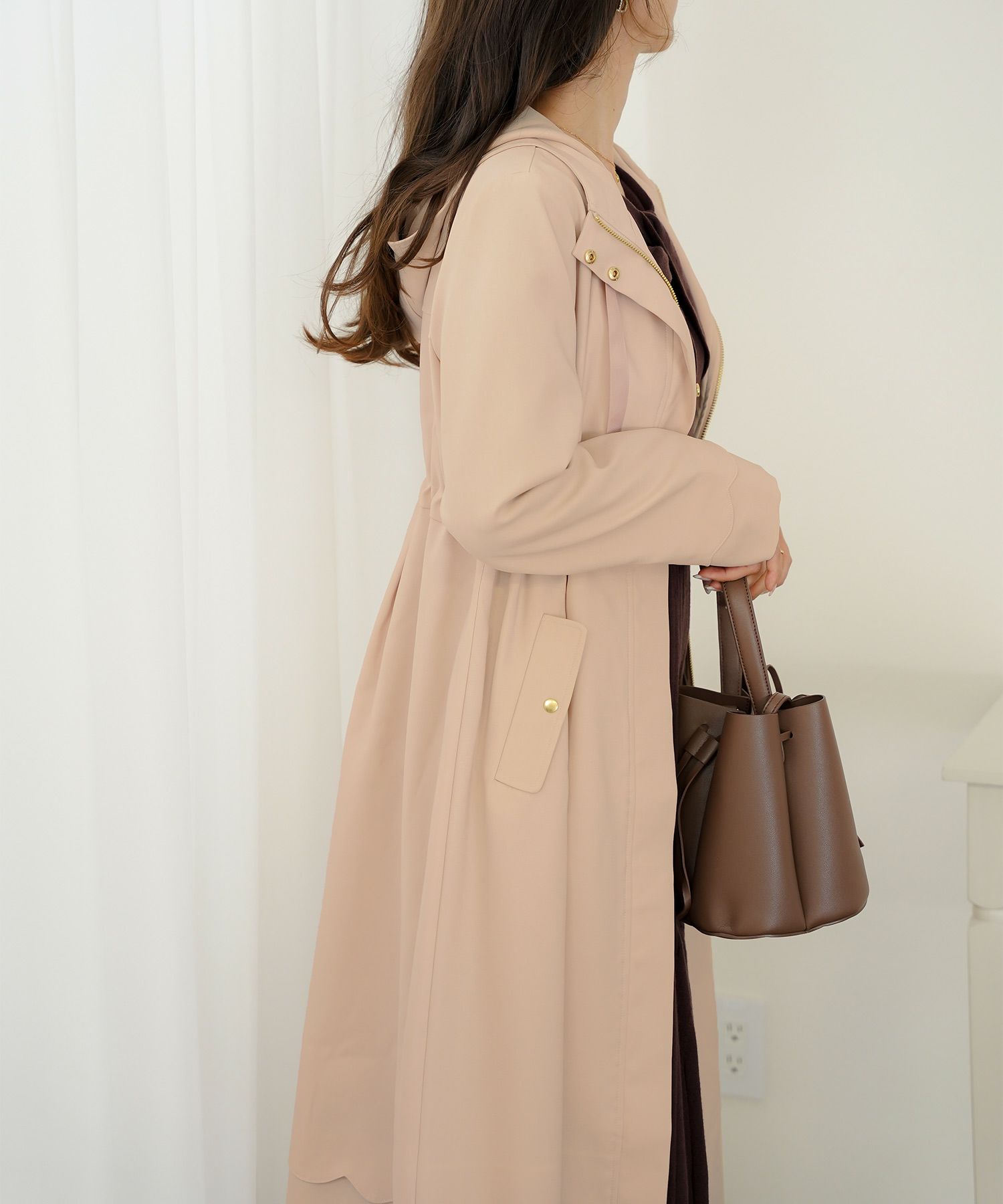 マウンテンパーカー スカラップ デザイン アウター 大人フェミニン 春 秋 きれいめ カジュアル フード付き  通勤  アウター 通学 デイリー オフィスカジュアル レディース ロング丈 アイボリー ピンクベージュ ネイビー