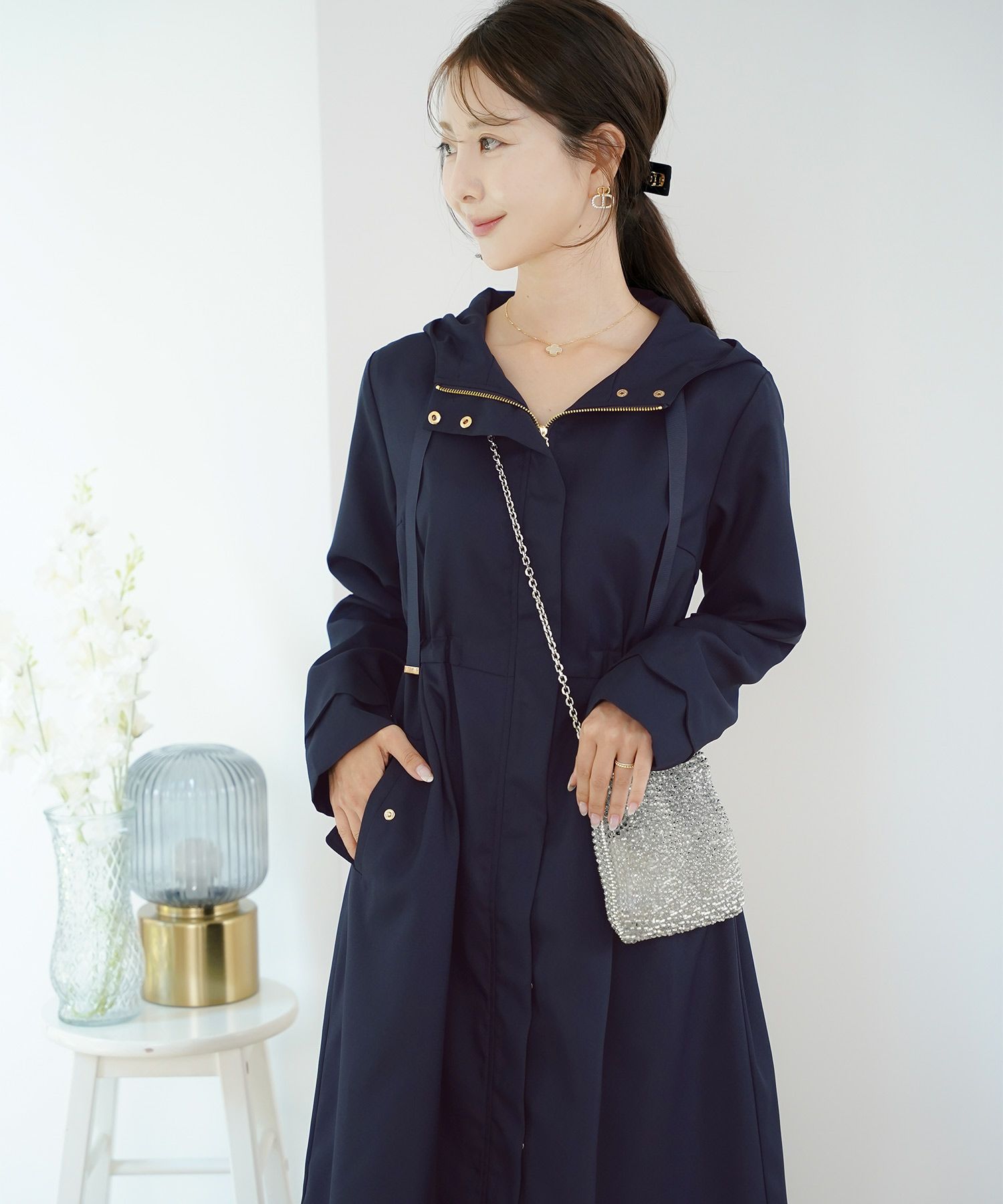 マウンテンパーカー スカラップ デザイン アウター 大人フェミニン 春 秋 きれいめ カジュアル フード付き  通勤  アウター 通学 デイリー オフィスカジュアル レディース ロング丈 アイボリー ピンクベージュ ネイビー