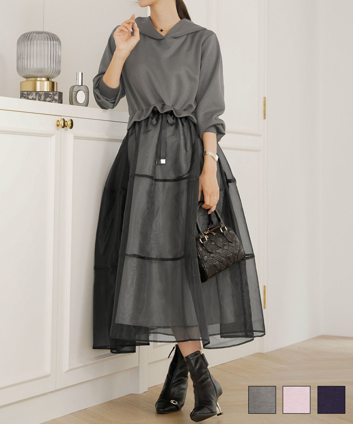 ダンボールニット オーガンジー ドッキング フード付き 長袖 ハイウエスト スタイルアップ 3段切替 大人フェミニン カジュアル フェミニン 体型カバー 秋冬 きれいめ 上品 ワンピース パーカー ピンク ライラック ネイビー チャコール