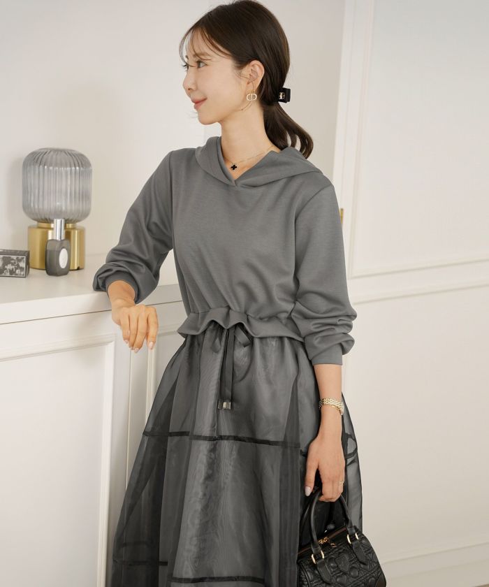 ダンボールニット オーガンジー ドッキング フード付き 長袖 ハイウエスト スタイルアップ 3段切替 大人フェミニン カジュアル フェミニン 体型カバー 秋冬 きれいめ 上品 ワンピース パーカー ピンク ライラック ネイビー チャコール