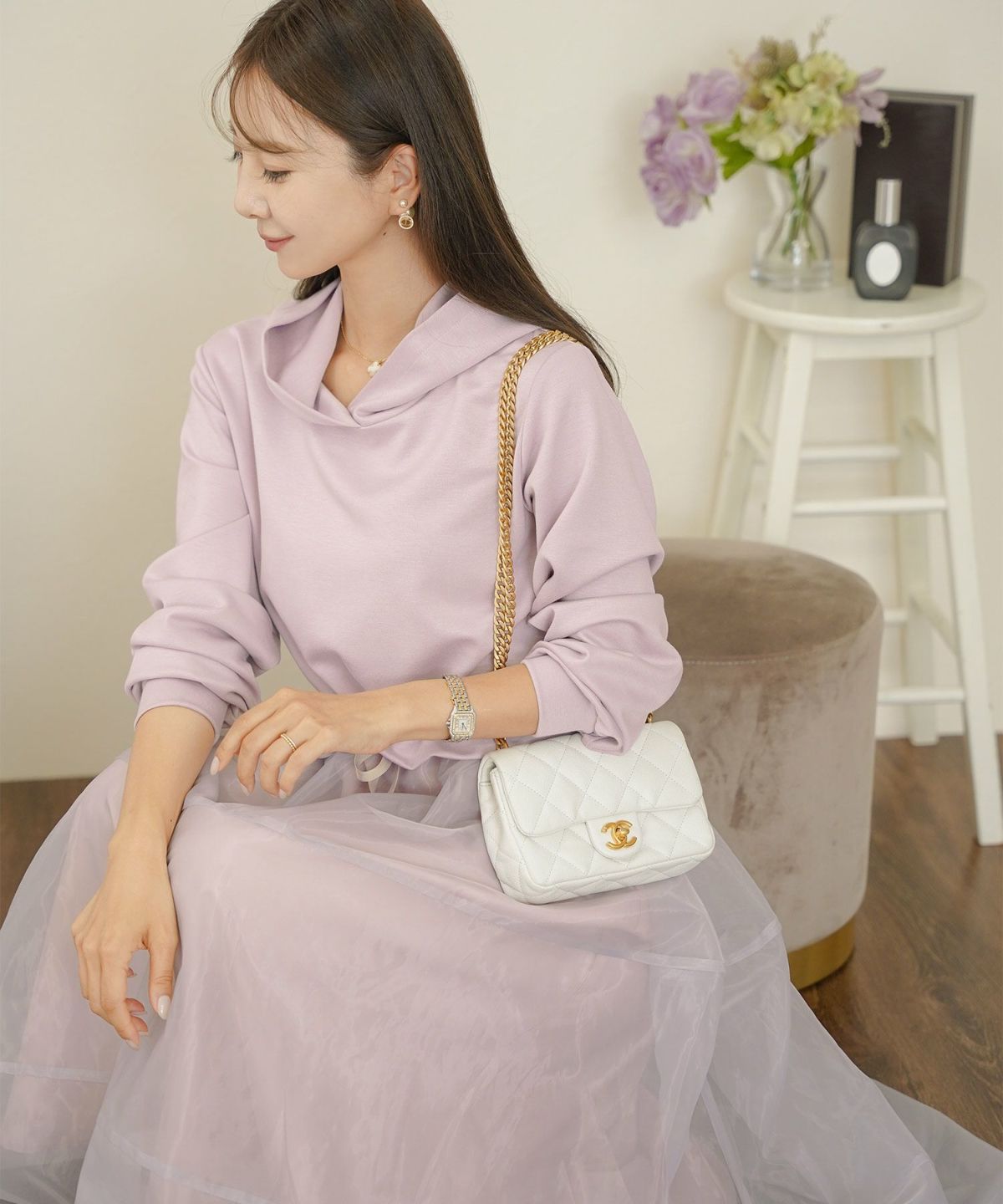 ダンボールニット オーガンジー ドッキング フード付き 長袖 ハイウエスト スタイルアップ 3段切替 大人フェミニン カジュアル フェミニン 体型カバー 秋冬 きれいめ 上品 ワンピース パーカー ピンク ライラック ネイビー チャコール