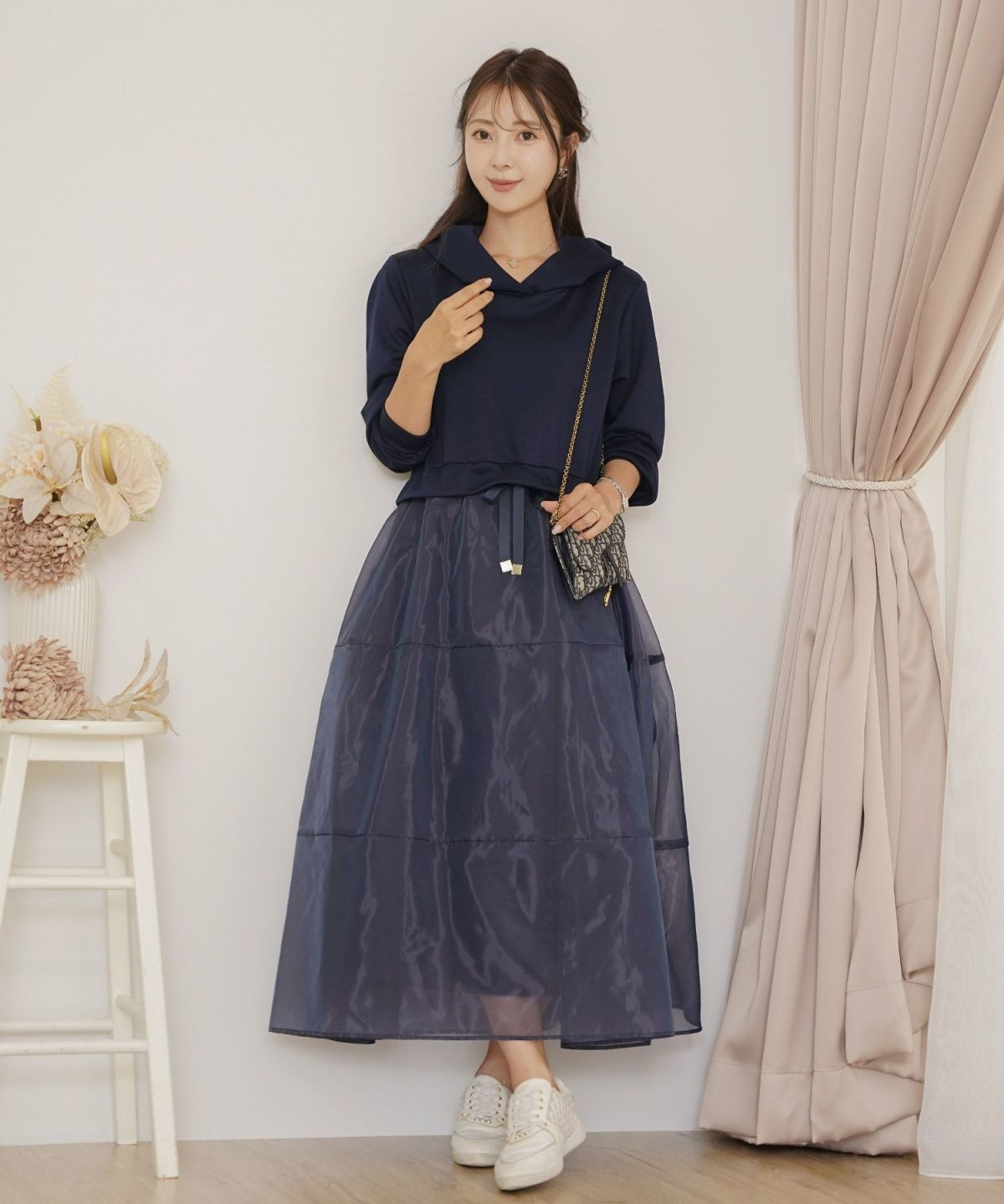 ダンボールニット オーガンジー ドッキング フード付き 長袖 ハイウエスト スタイルアップ 3段切替 大人フェミニン カジュアル フェミニン 体型カバー 秋冬 きれいめ 上品 ワンピース パーカー ピンク ライラック ネイビー チャコール