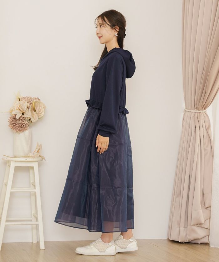 ダンボールニット オーガンジー ドッキング フード付き 長袖 ハイウエスト スタイルアップ 3段切替 大人フェミニン カジュアル フェミニン 体型カバー 秋冬 きれいめ 上品 ワンピース パーカー ピンク ライラック ネイビー チャコール