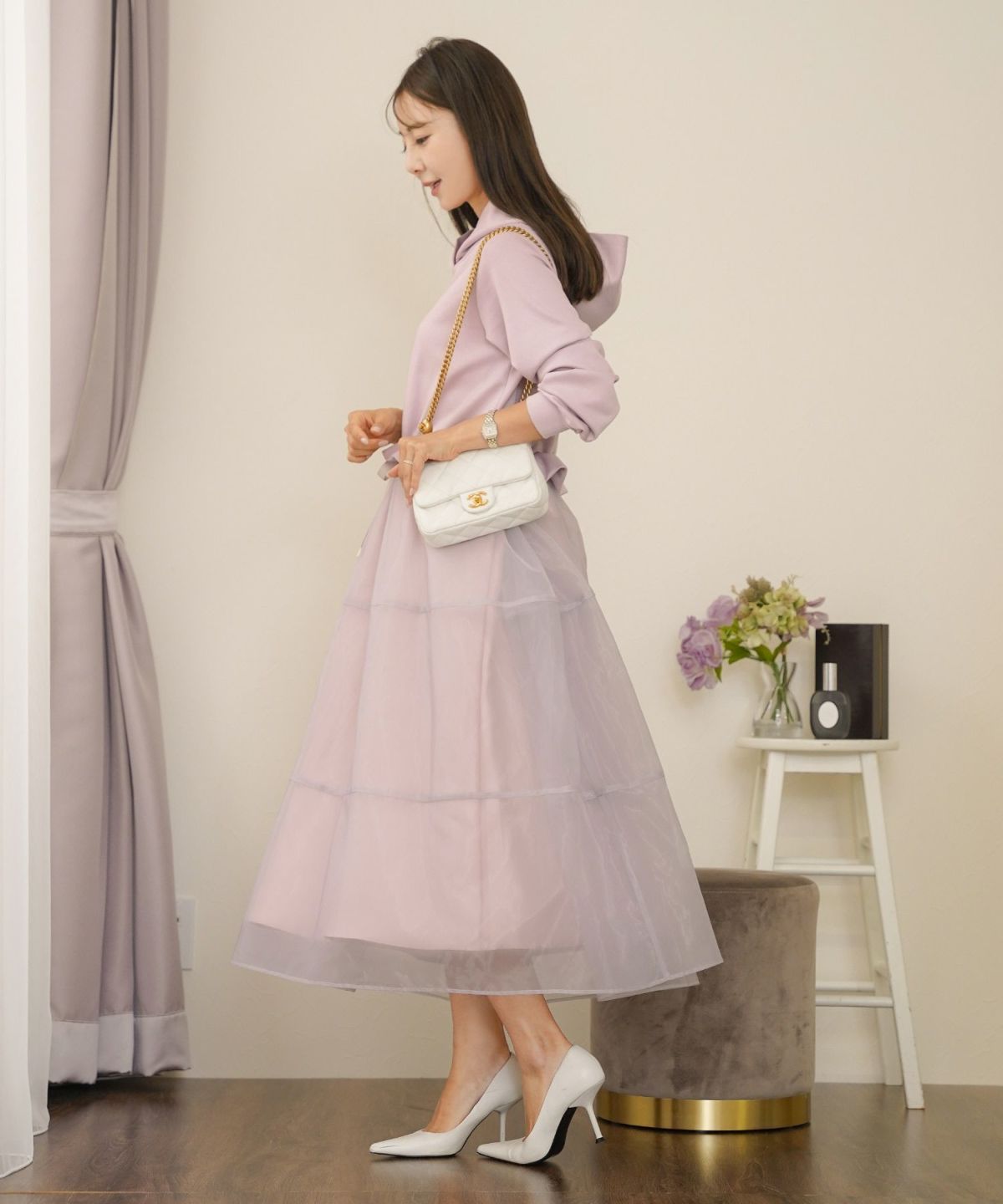 ダンボールニット オーガンジー ドッキング フード付き 長袖 ハイウエスト スタイルアップ 3段切替 大人フェミニン カジュアル フェミニン 体型カバー 秋冬 きれいめ 上品 ワンピース パーカー ピンク ライラック ネイビー チャコール