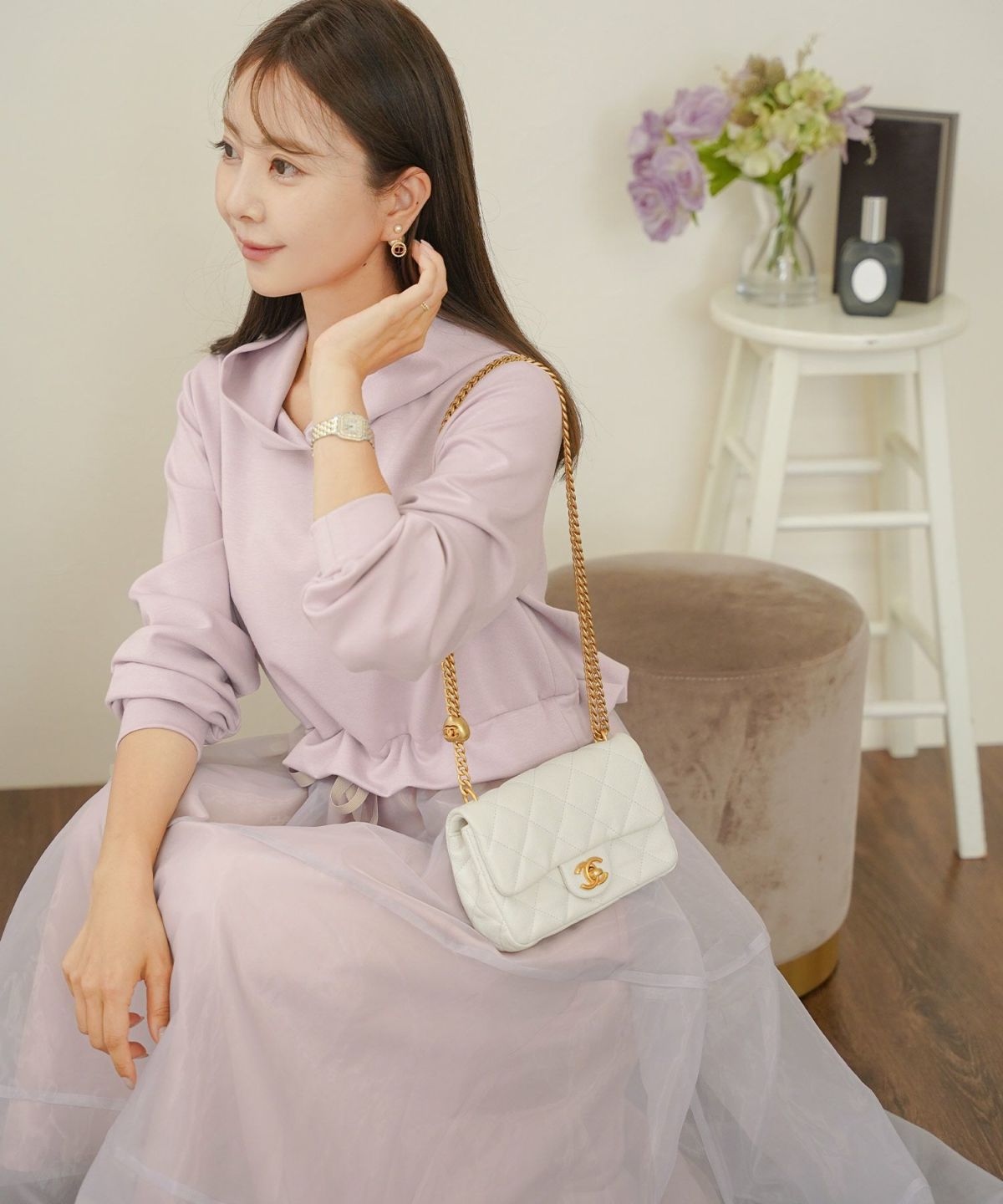 ダンボールニット オーガンジー ドッキング フード付き 長袖 ハイウエスト スタイルアップ 3段切替 大人フェミニン カジュアル フェミニン 体型カバー 秋冬 きれいめ 上品 ワンピース パーカー ピンク ライラック ネイビー チャコール