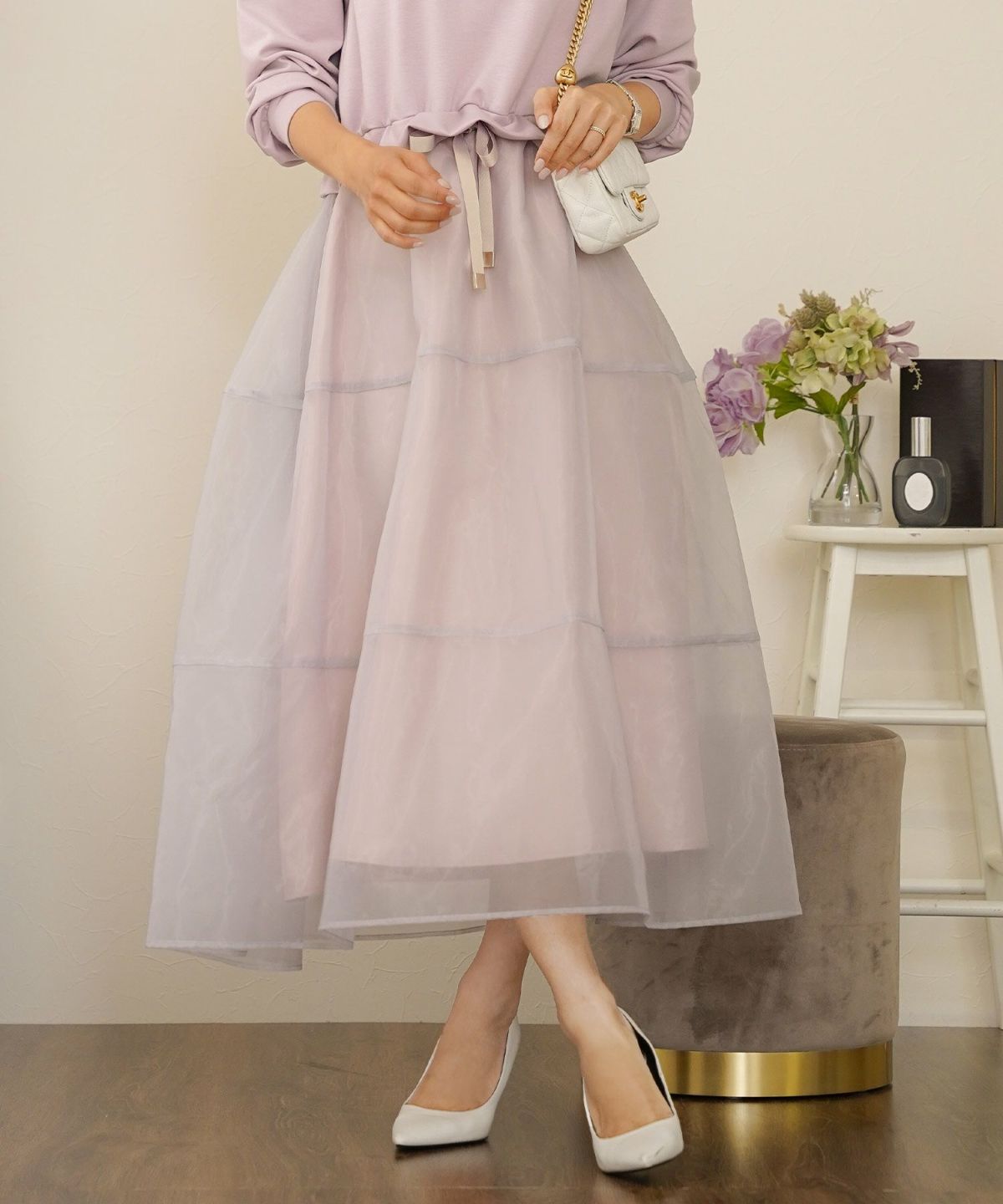 ダンボールニット オーガンジー ドッキング フード付き 長袖 ハイウエスト スタイルアップ 3段切替 大人フェミニン カジュアル フェミニン 体型カバー 秋冬 きれいめ 上品 ワンピース パーカー ピンク ライラック ネイビー チャコール