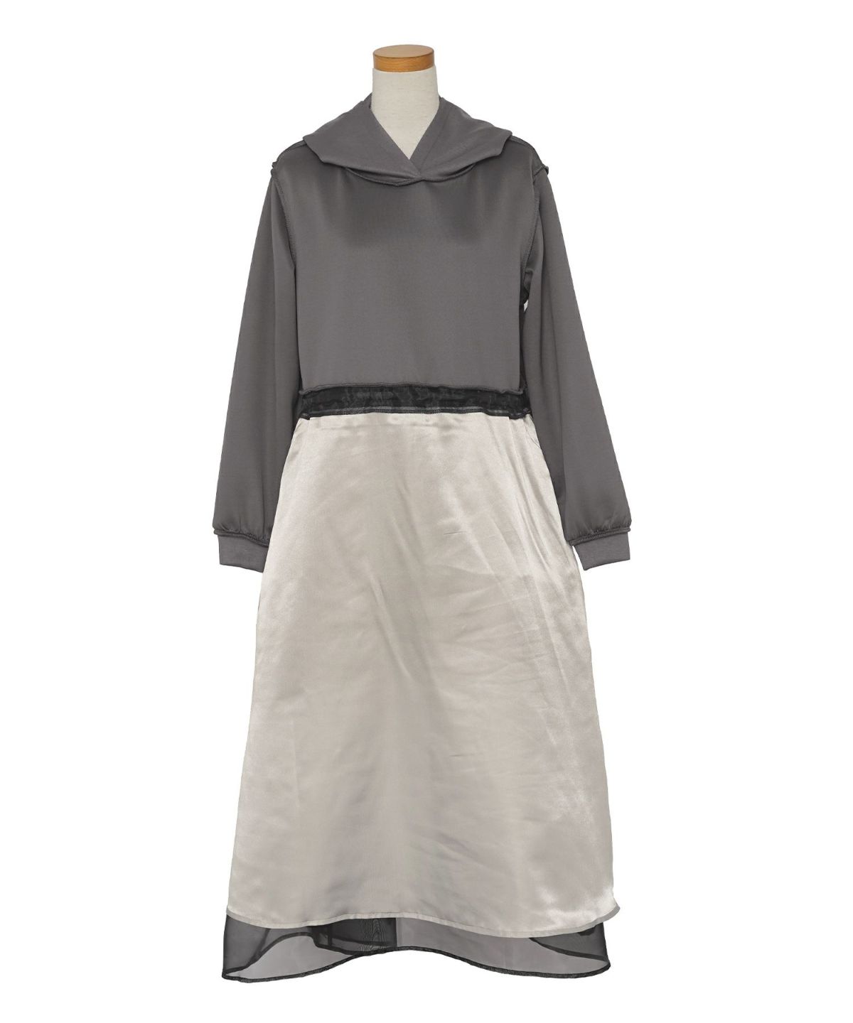 ダンボールニット オーガンジー ドッキング フード付き 長袖 ハイウエスト スタイルアップ 3段切替 大人フェミニン カジュアル フェミニン 体型カバー 秋冬 きれいめ 上品 ワンピース パーカー ピンク ライラック ネイビー チャコール