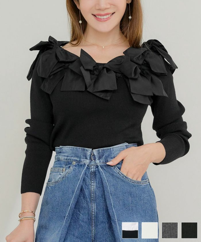 ワイドネック リボン付き リブニット Liala×PG