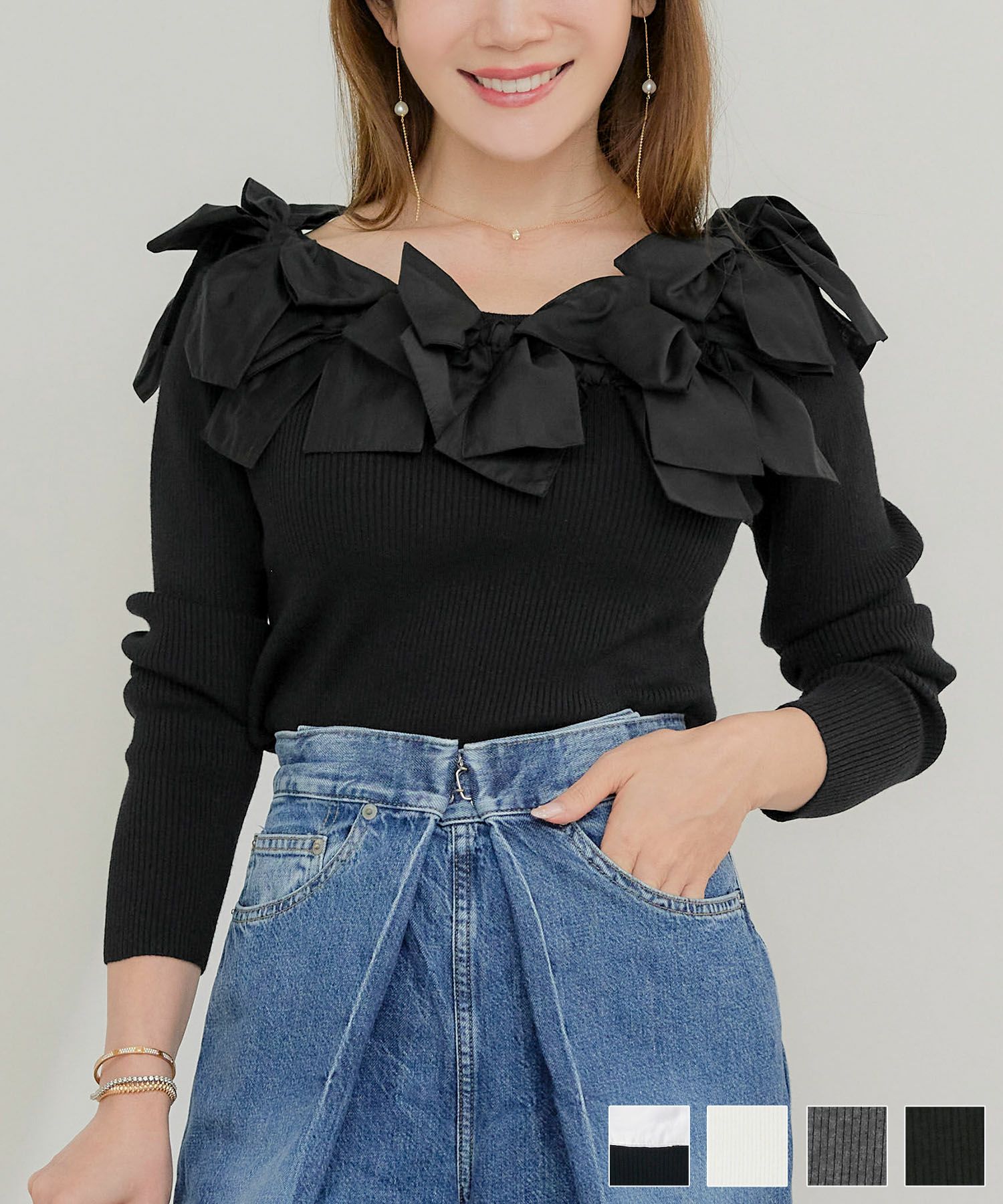 ワイドネック リボン付き リブニット Liala×PG