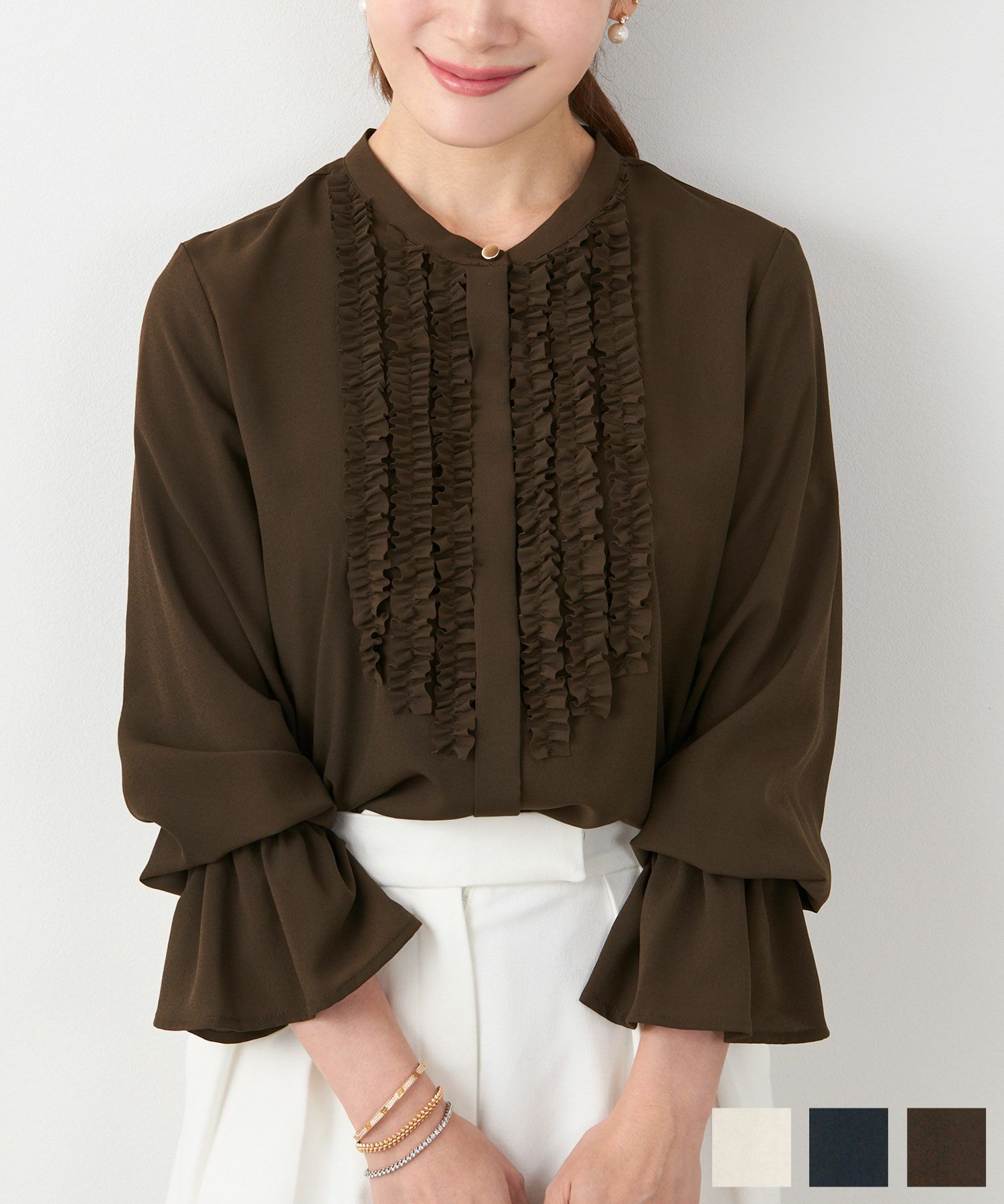 バンドカラー フリル フレアスリーブ ブラウス Liala×PG