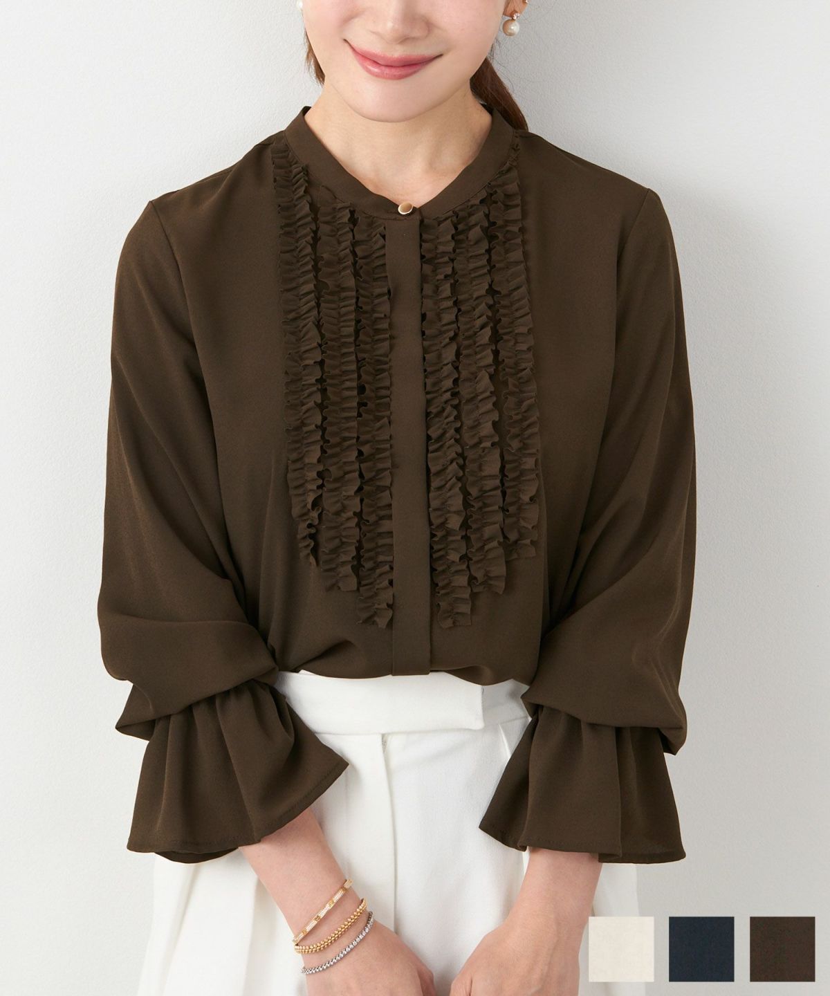 バンドカラー フリル フレアスリーブ ブラウス Liala×PG