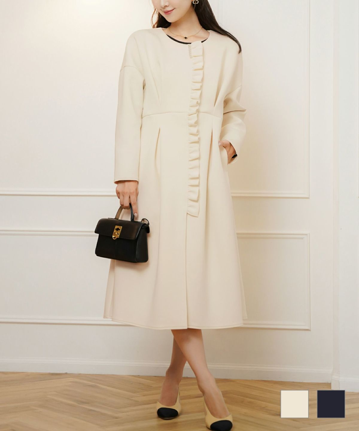 アウター ダンボールニット ロング丈 通勤 結婚式 披露宴 セレモニー 成人式 同窓会 デート 女子会 誕生日会 演奏会 発表会 七五三 20代 30代 パール フリル 長袖 オケージョン アイボリー ネイビー