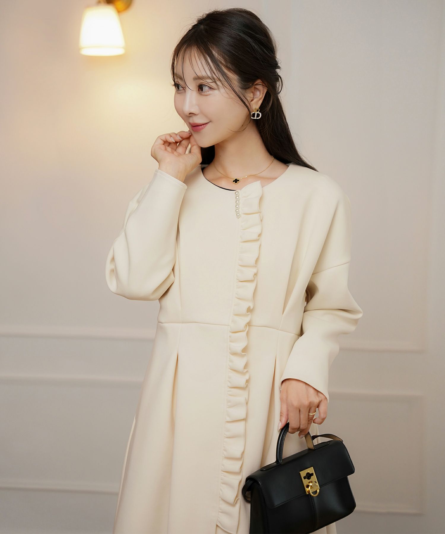 アウター ダンボールニット ロング丈 通勤 結婚式 披露宴 セレモニー 成人式 同窓会 デート 女子会 誕生日会 演奏会 発表会 七五三 20代 30代 パール フリル 長袖 オケージョン アイボリー ネイビー