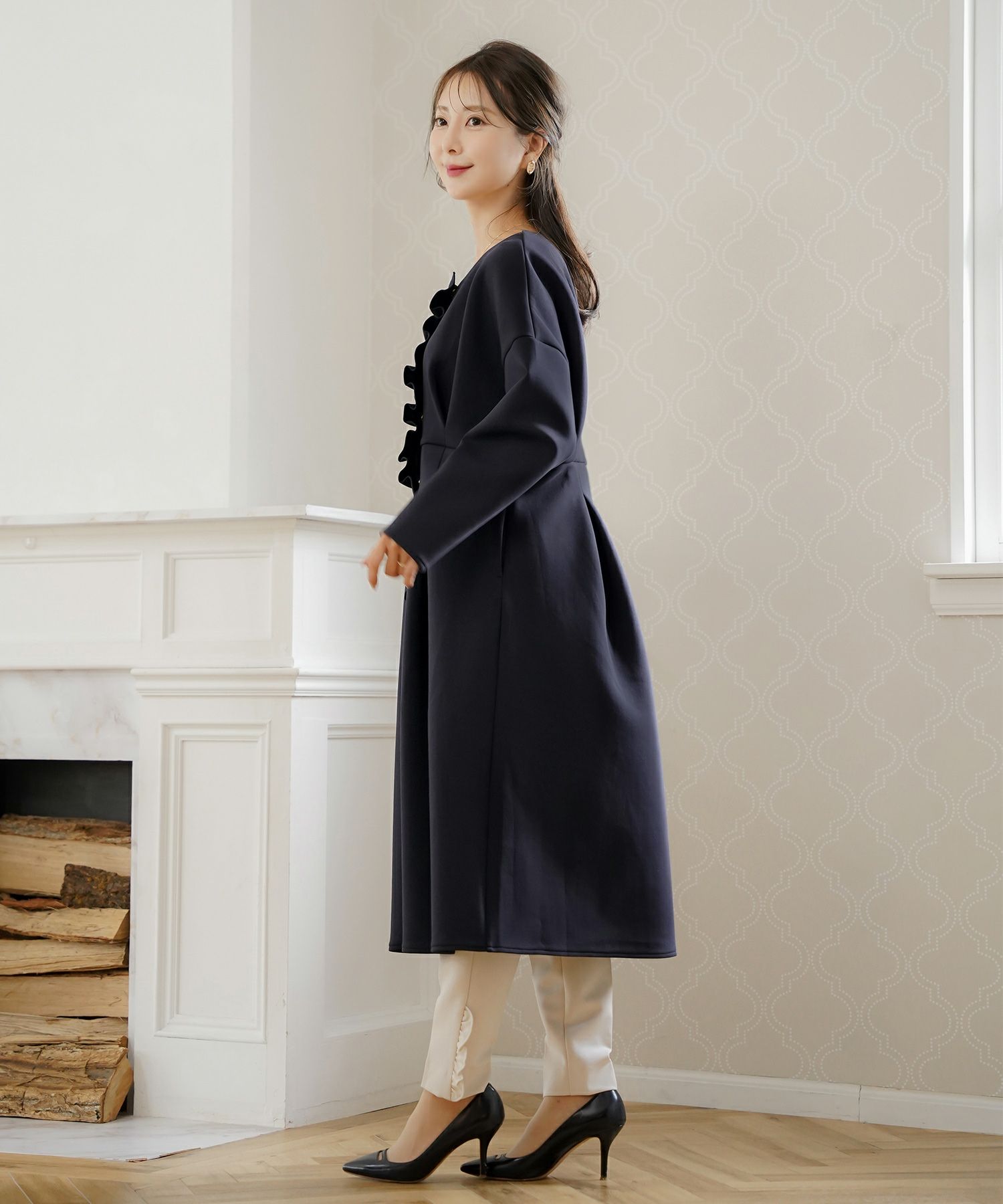 アウター ダンボールニット ロング丈 通勤 結婚式 披露宴 セレモニー 成人式 同窓会 デート 女子会 誕生日会 演奏会 発表会 七五三 20代 30代 パール フリル 長袖 オケージョン アイボリー ネイビー