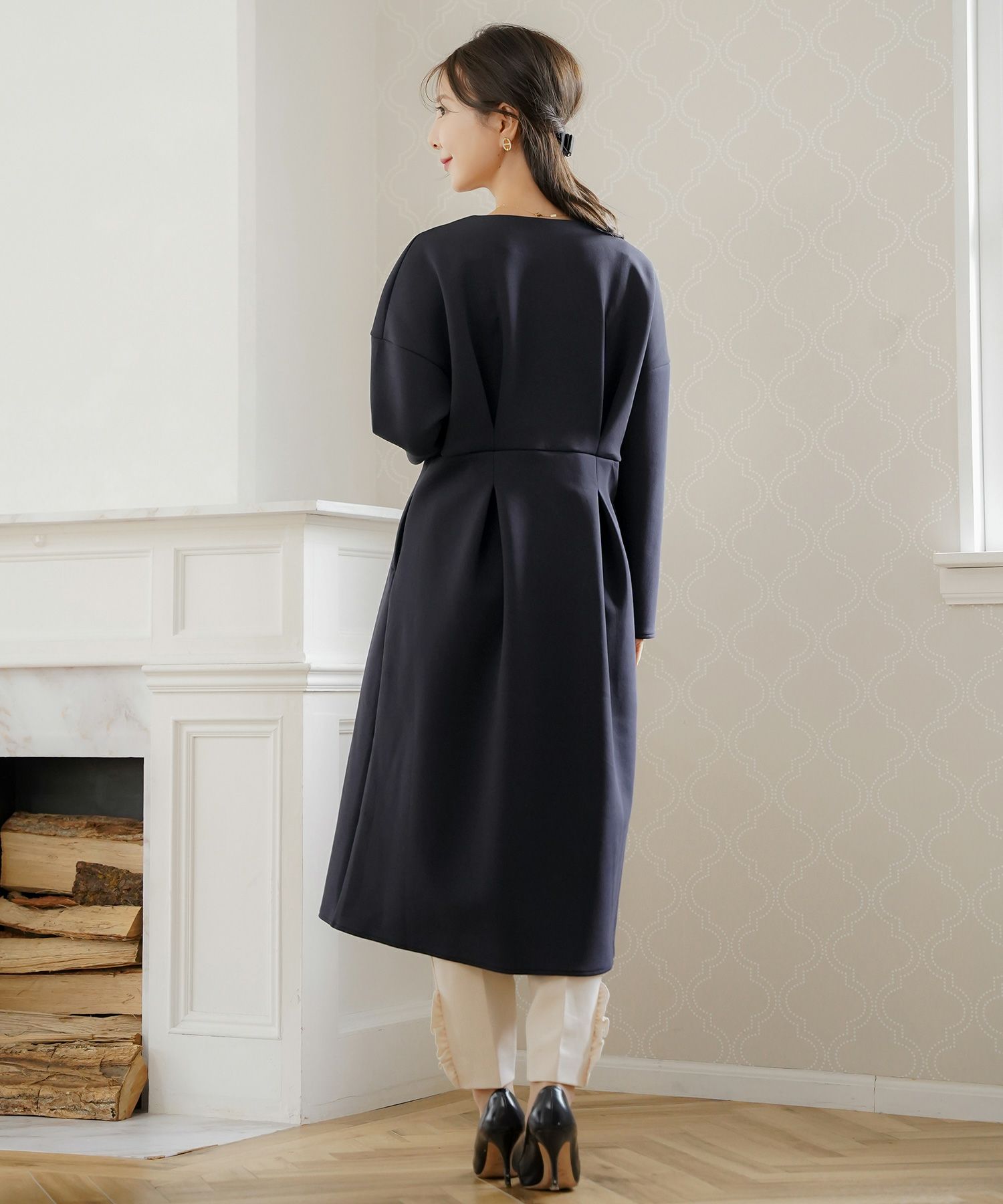 アウター ダンボールニット ロング丈 通勤 結婚式 披露宴 セレモニー 成人式 同窓会 デート 女子会 誕生日会 演奏会 発表会 七五三 20代 30代 パール フリル 長袖 オケージョン アイボリー ネイビー