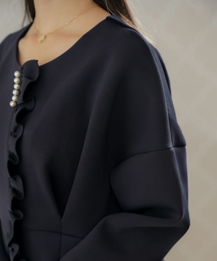 アウター ダンボールニット ロング丈 通勤 結婚式 披露宴 セレモニー 成人式 同窓会 デート 女子会 誕生日会 演奏会 発表会 七五三 20代 30代 パール フリル 長袖 オケージョン アイボリー ネイビー