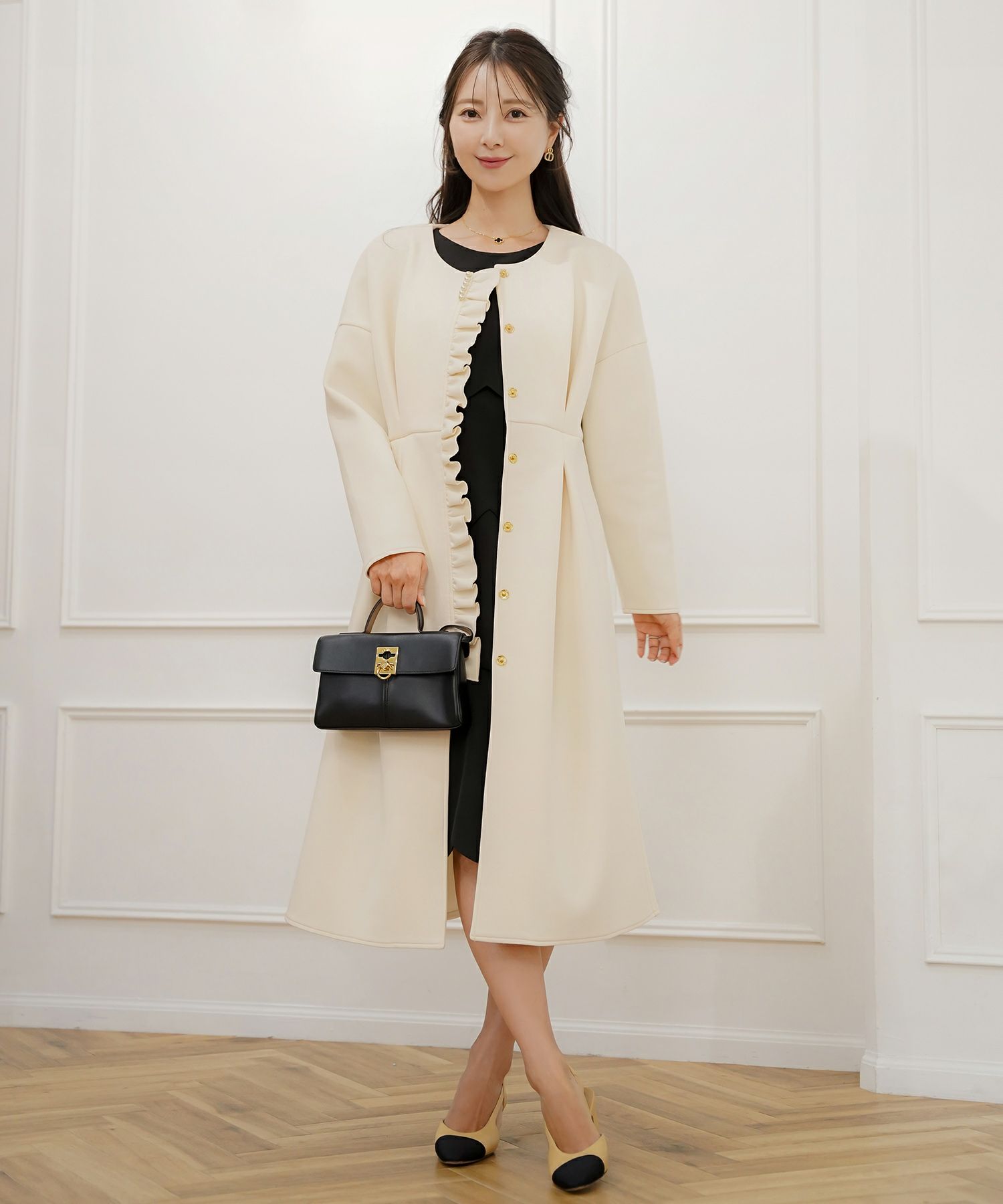 アウター ダンボールニット ロング丈 通勤 結婚式 披露宴 セレモニー 成人式 同窓会 デート 女子会 誕生日会 演奏会 発表会 七五三 20代 30代 パール フリル 長袖 オケージョン アイボリー ネイビー