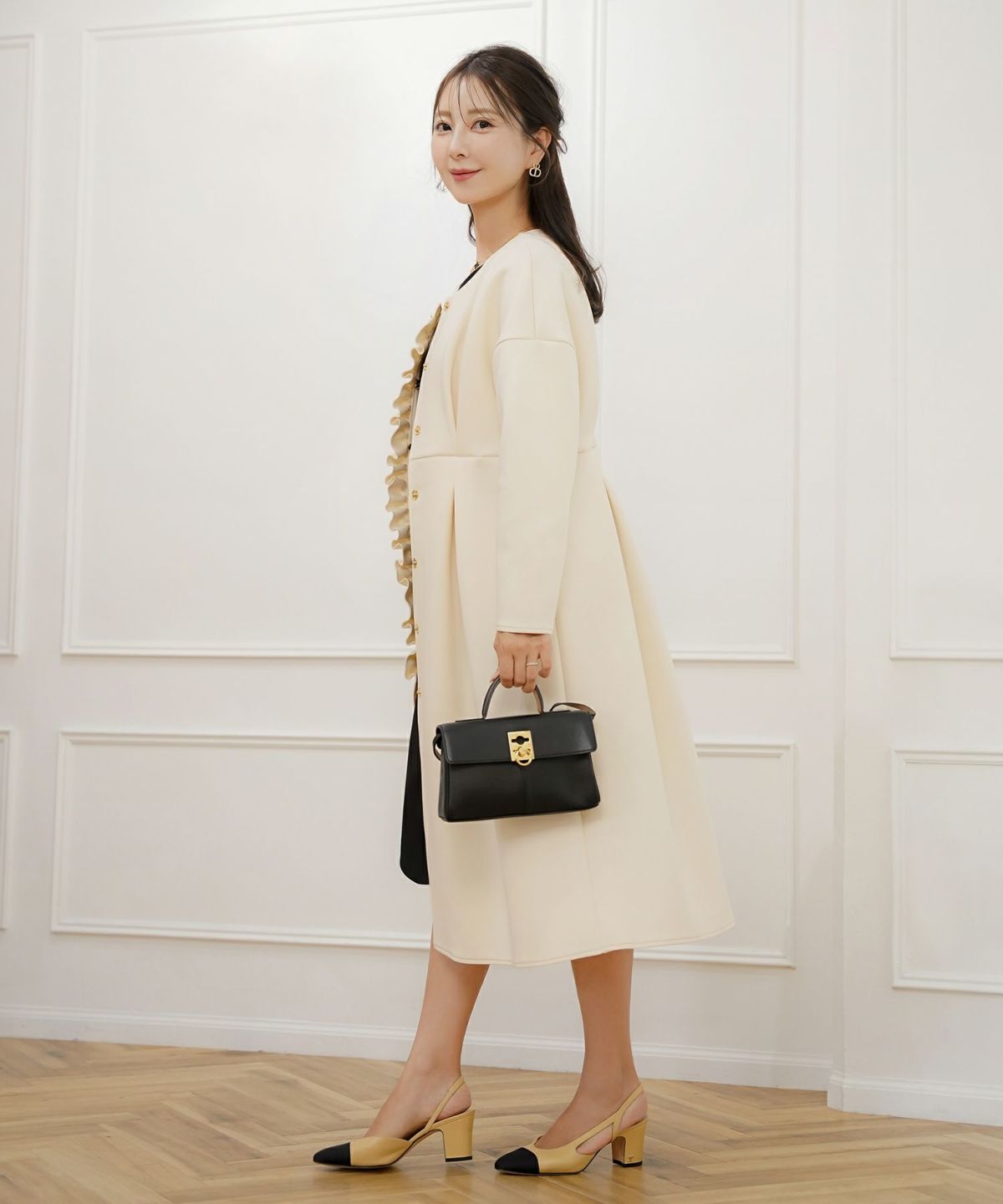 アウター ダンボールニット ロング丈 通勤 結婚式 披露宴 セレモニー 成人式 同窓会 デート 女子会 誕生日会 演奏会 発表会 七五三 20代 30代 パール フリル 長袖 オケージョン アイボリー ネイビー