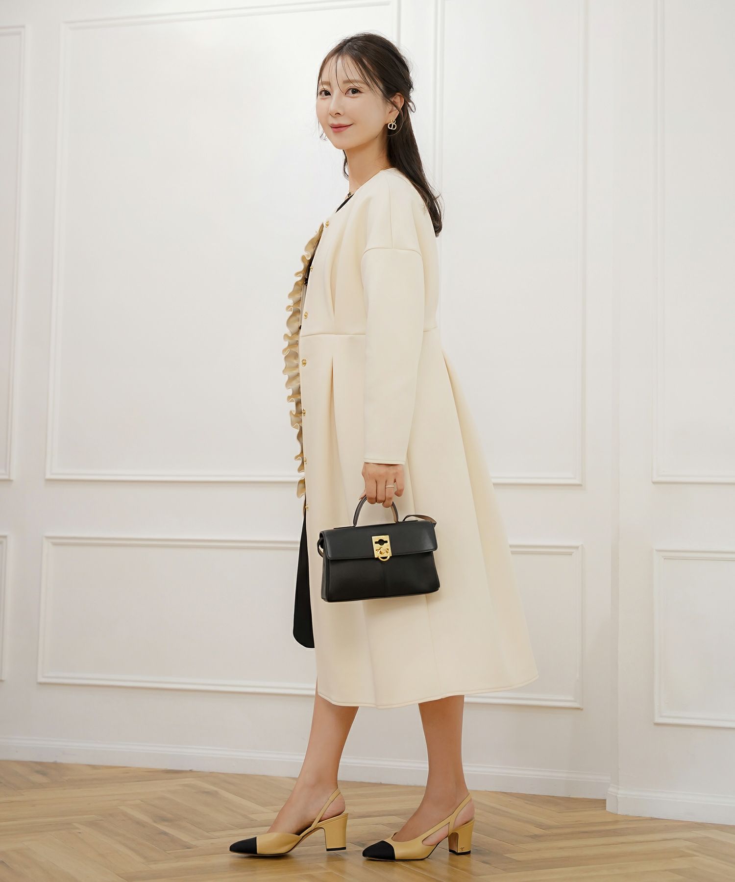 アウター ダンボールニット ロング丈 通勤 結婚式 披露宴 セレモニー 成人式 同窓会 デート 女子会 誕生日会 演奏会 発表会 七五三 20代 30代 パール フリル 長袖 オケージョン アイボリー ネイビー