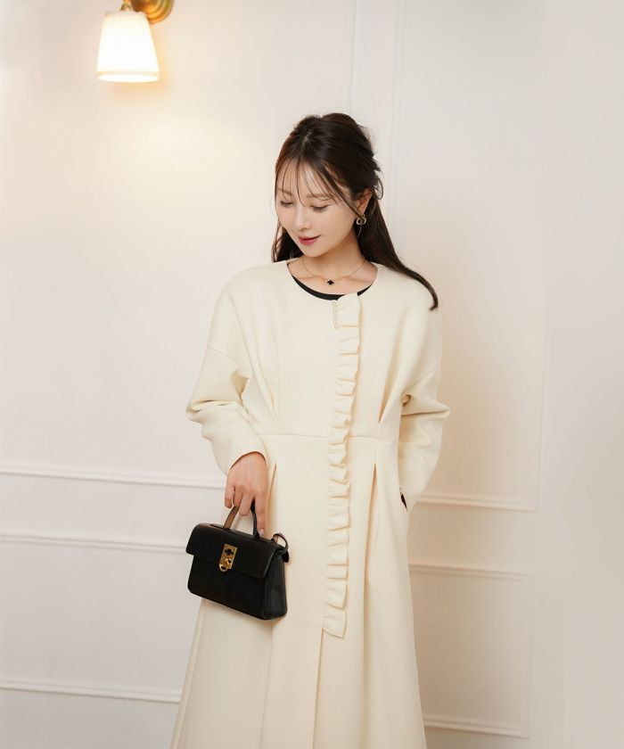 アウター ダンボールニット ロング丈 通勤 結婚式 披露宴 セレモニー 成人式 同窓会 デート 女子会 誕生日会 演奏会 発表会 七五三 20代 30代 パール フリル 長袖 オケージョン アイボリー ネイビー