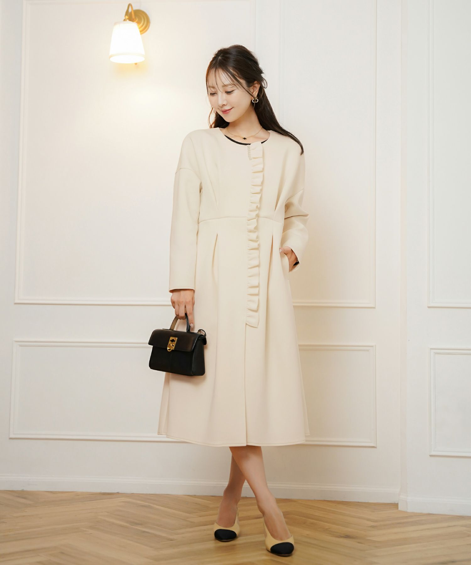 アウター ダンボールニット ロング丈 通勤 結婚式 披露宴 セレモニー 成人式 同窓会 デート 女子会 誕生日会 演奏会 発表会 七五三 20代 30代 パール フリル 長袖 オケージョン アイボリー ネイビー