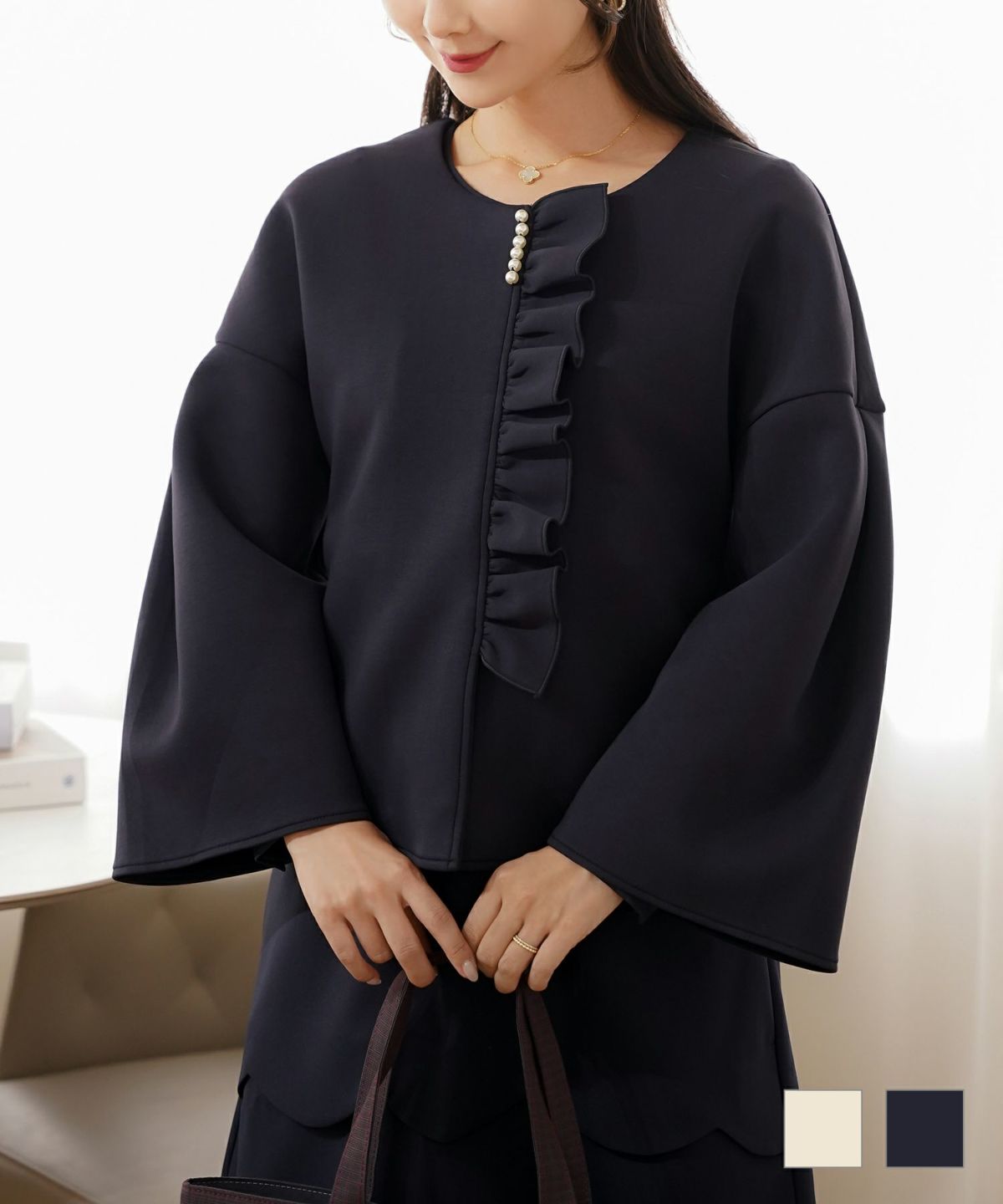 アウター ダンボールニット ミドル丈 ショート丈 通勤 結婚式 披露宴 セレモニー 成人式 同窓会 デート 女子会 誕生日会 演奏会 発表会 七五三 20代 30代 パール フリル 長袖 オケージョン アイボリー ネイビー