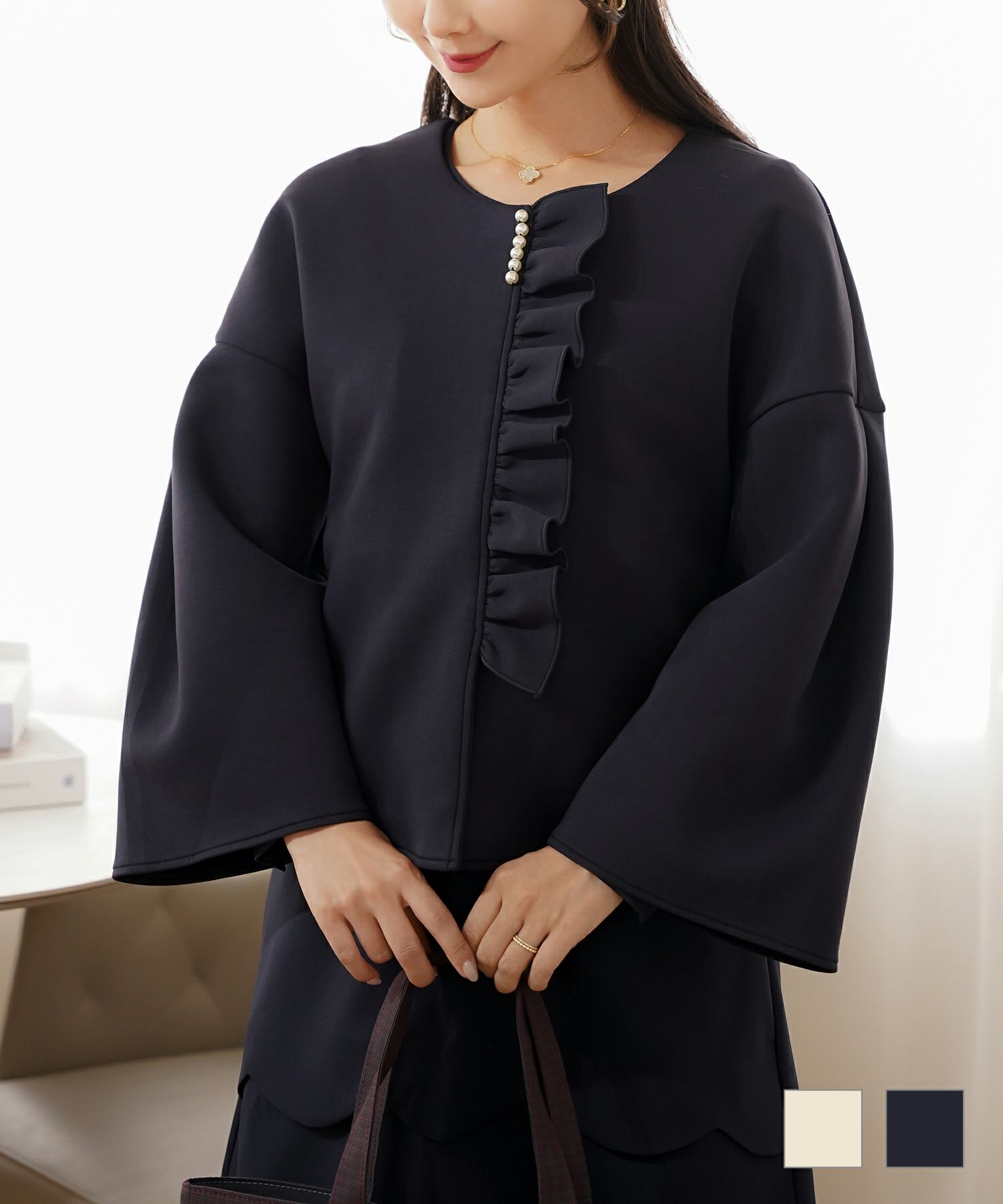 アウター ダンボールニット ミドル丈 ショート丈 通勤 結婚式 披露宴 セレモニー 成人式 同窓会 デート 女子会 誕生日会 演奏会 発表会 七五三 20代 30代 パール フリル 長袖 オケージョン アイボリー ネイビー