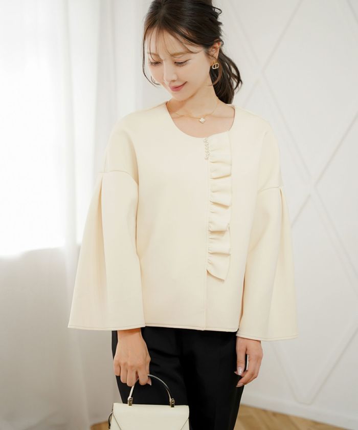 アウター ダンボールニット ミドル丈 ショート丈 通勤 結婚式 披露宴 セレモニー 成人式 同窓会 デート 女子会 誕生日会 演奏会 発表会 七五三 20代 30代 パール フリル 長袖 オケージョン アイボリー ネイビー