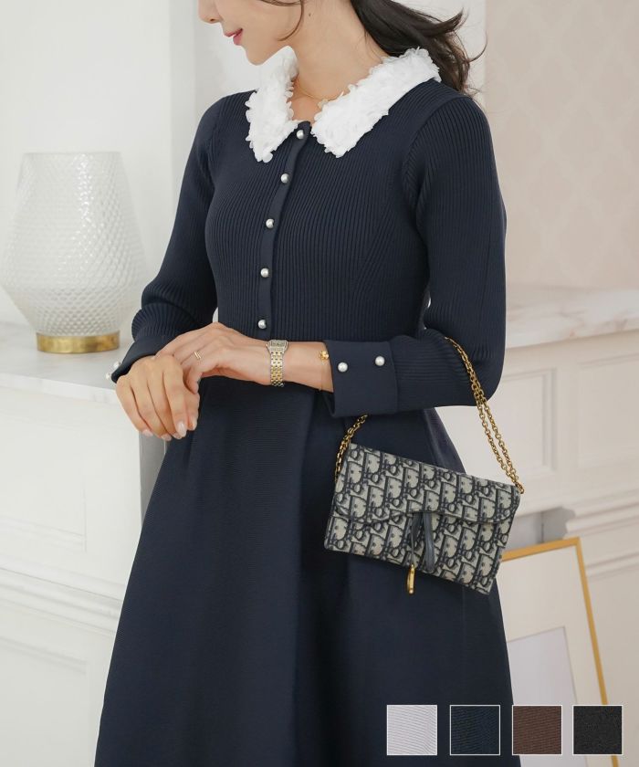 ワンピース 襟 花 長袖 きれいめ エレガント フェミニン 上品 ブルーグレー ブラウン ネイビー ブラック