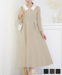 ワンピース 襟 花 長袖 きれいめ エレガント フェミニン 上品 ブルーグレー ブラウン ネイビー ブラック