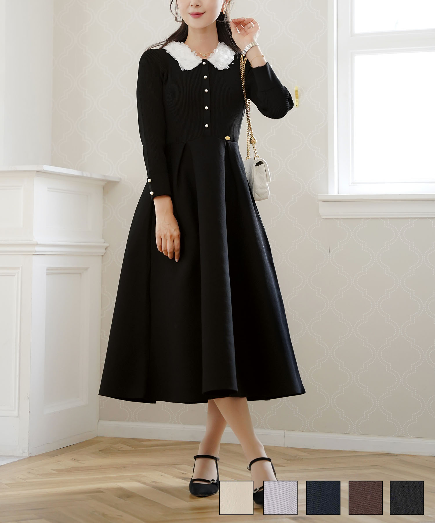 ワンピース 襟 花 長袖 きれいめ エレガント フェミニン 上品 ブルーグレー ブラウン ネイビー ブラック