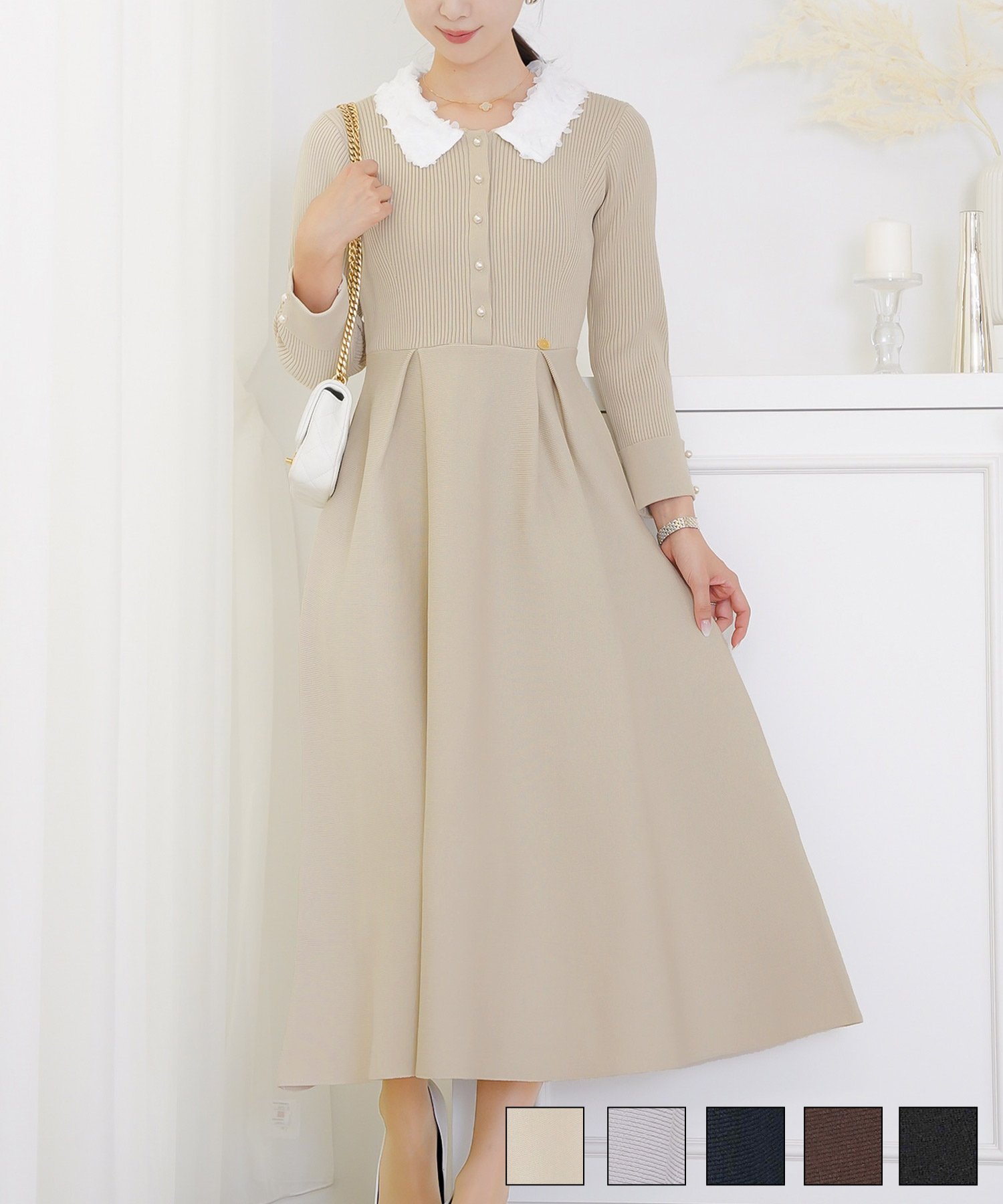 ワンピース 襟 花 長袖 きれいめ エレガント フェミニン 上品 ブルーグレー ブラウン ネイビー ブラック