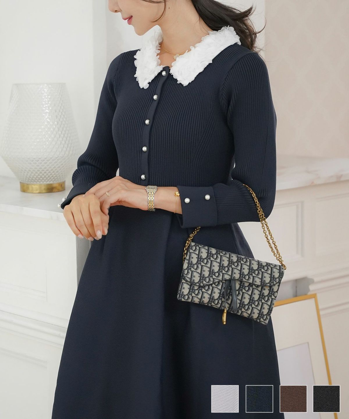 ワンピース 襟 花 長袖 きれいめ エレガント フェミニン 上品 ブルーグレー ブラウン ネイビー ブラック