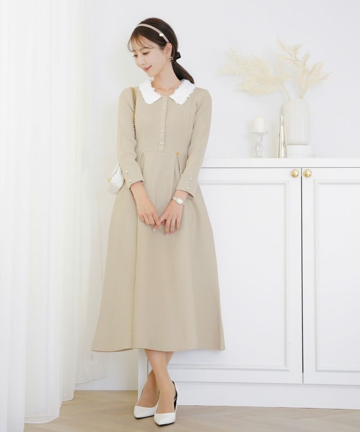 ワンピース 襟 花 長袖 きれいめ エレガント フェミニン 上品 ブルーグレー ブラウン ネイビー ブラック エクリュ 新色 フレア ニット 産前産後 オケージョン