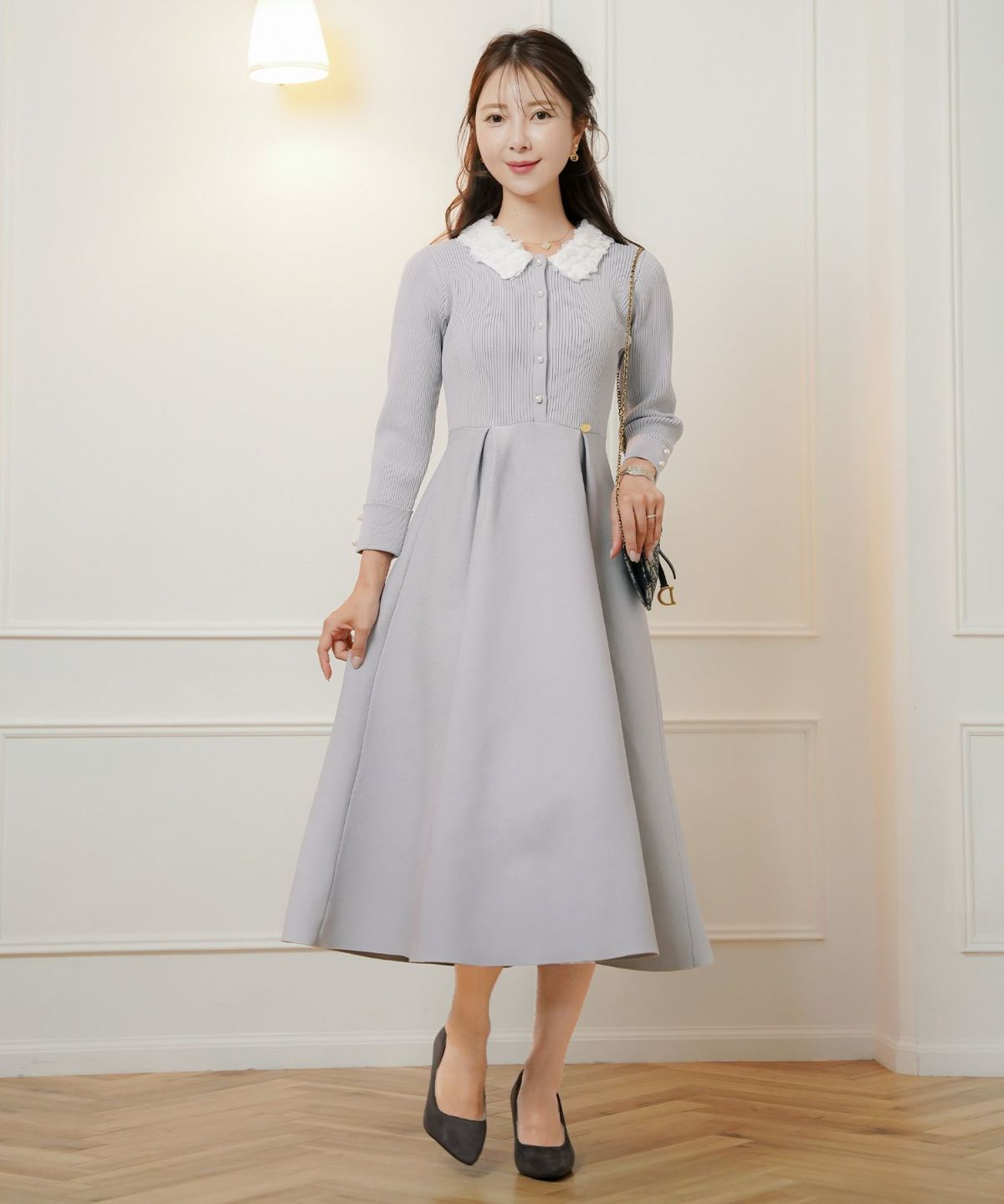 ワンピース 襟 花 長袖 きれいめ エレガント フェミニン 上品 ブルーグレー ブラウン ネイビー ブラック