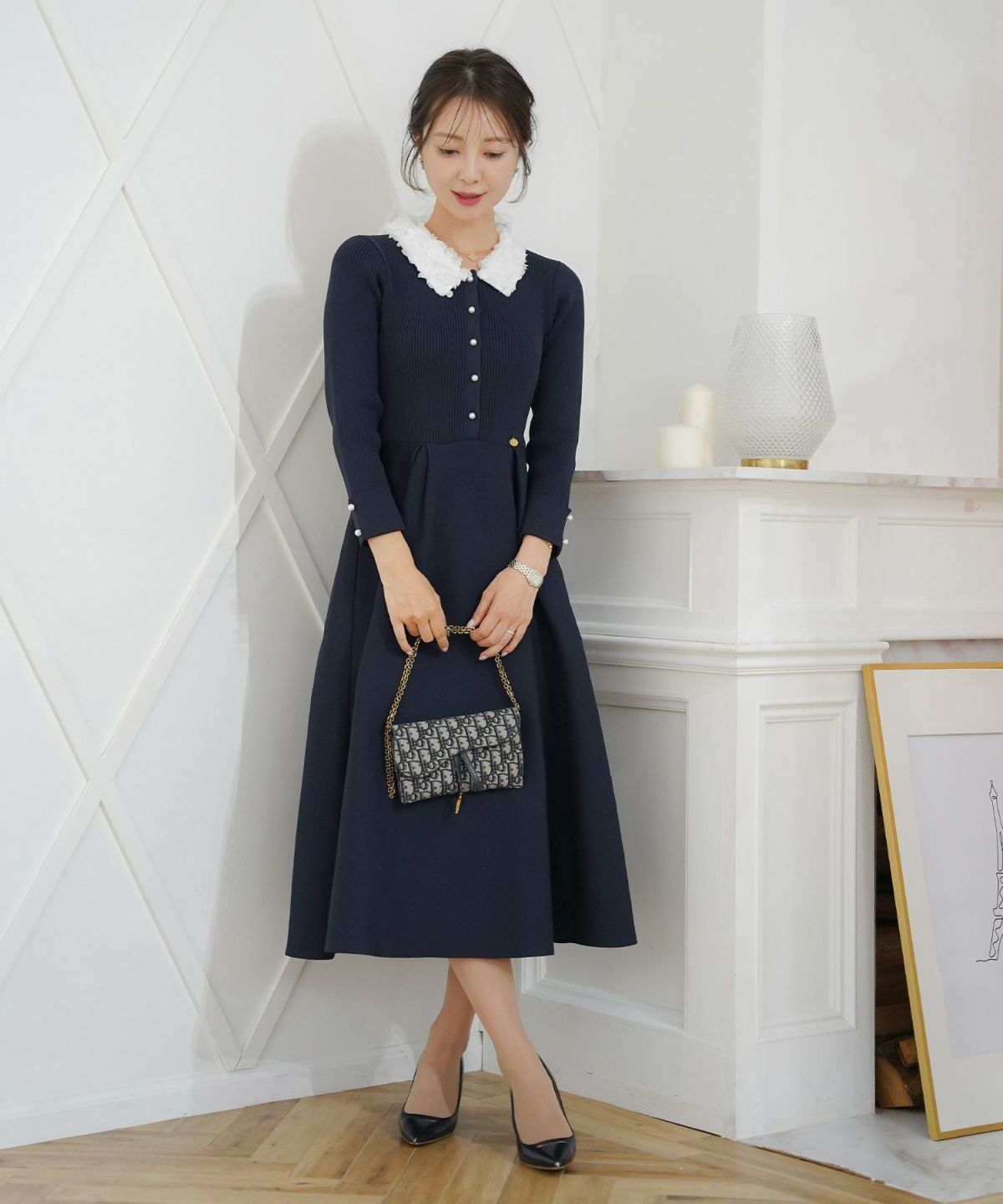 ワンピース 襟 花 長袖 きれいめ エレガント フェミニン 上品 ブルーグレー ブラウン ネイビー ブラック