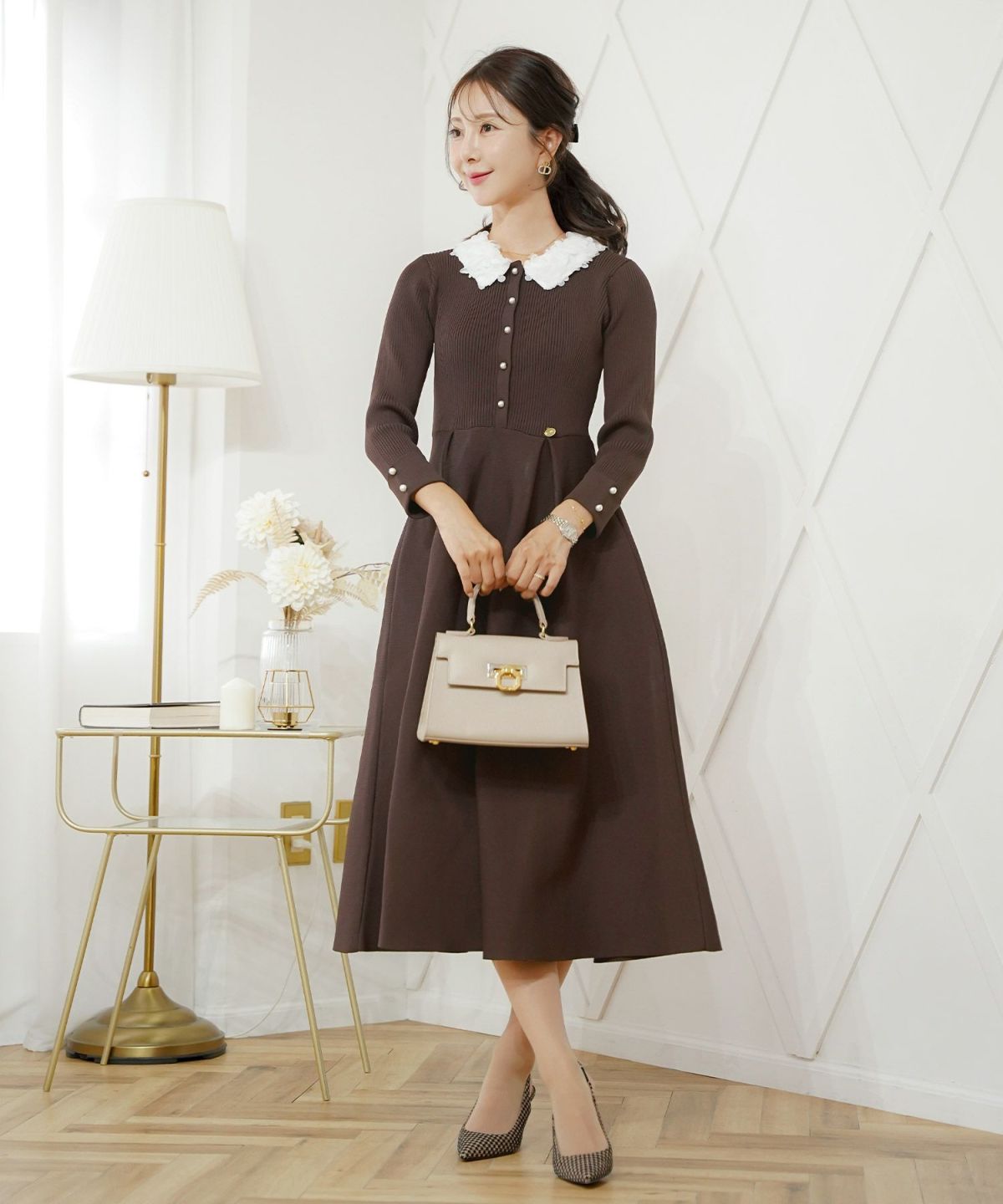 ワンピース 襟 花 長袖 きれいめ エレガント フェミニン 上品 ブルーグレー ブラウン ネイビー ブラック