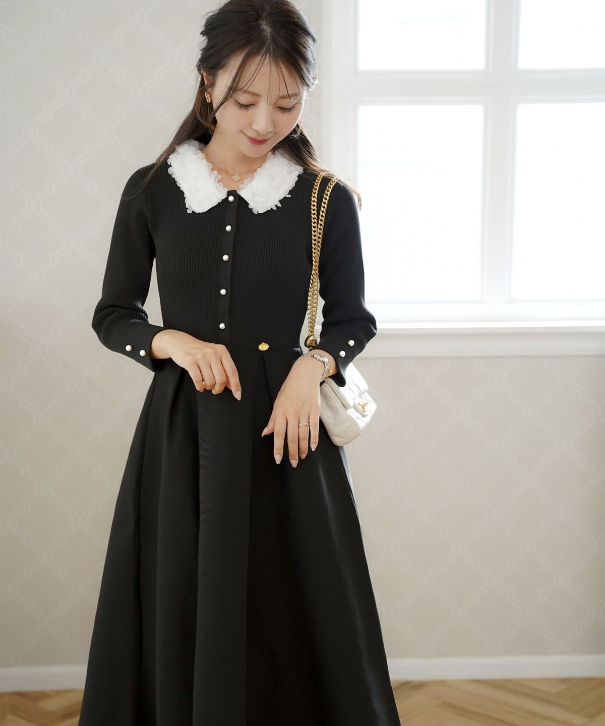 ワンピース 襟 花 長袖 きれいめ エレガント フェミニン 上品 ブルーグレー ブラウン ネイビー ブラック